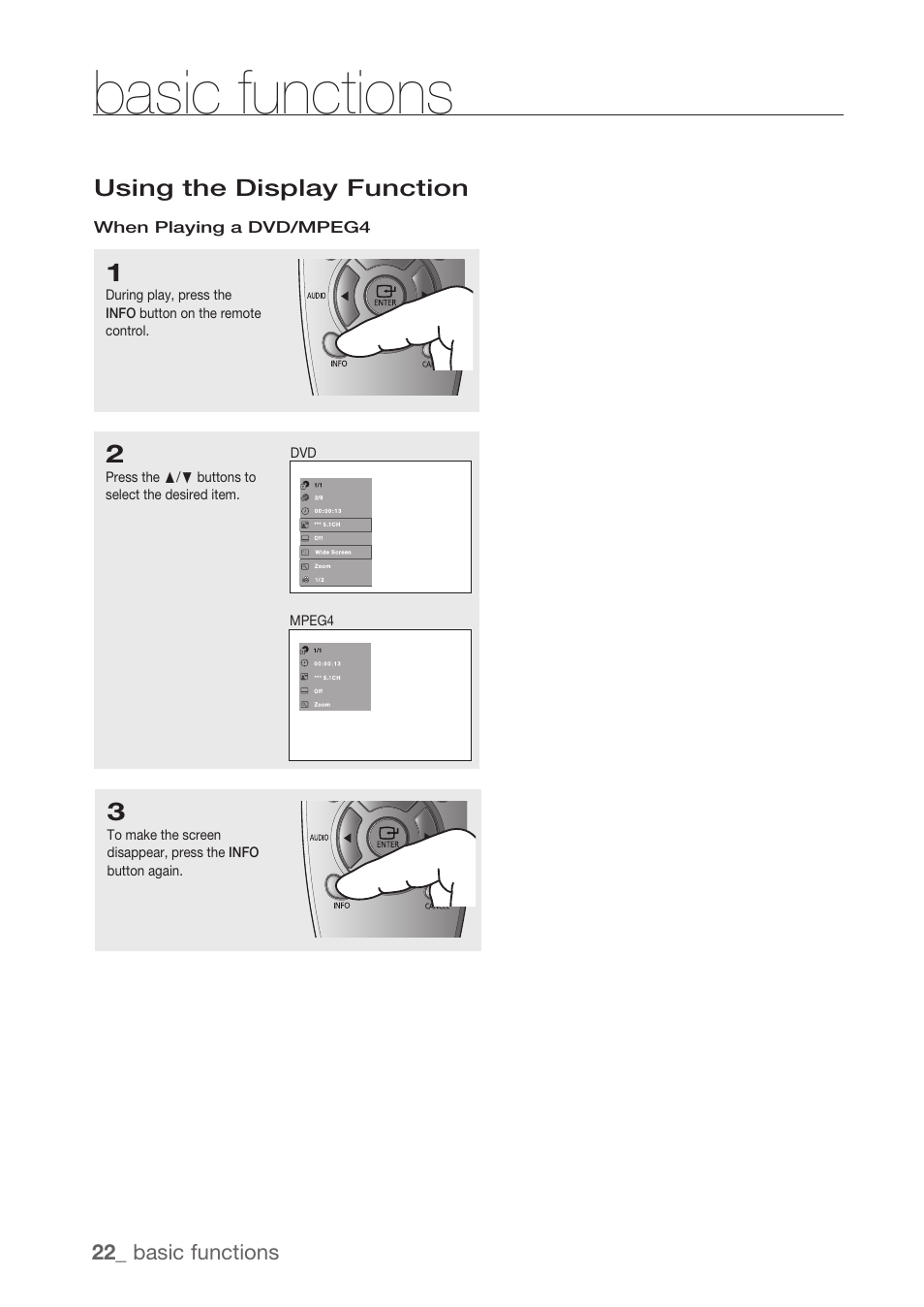 Using the display function, Basic functions | Samsung DVD-H1080R-XAA User Manual | Page 22 / 67