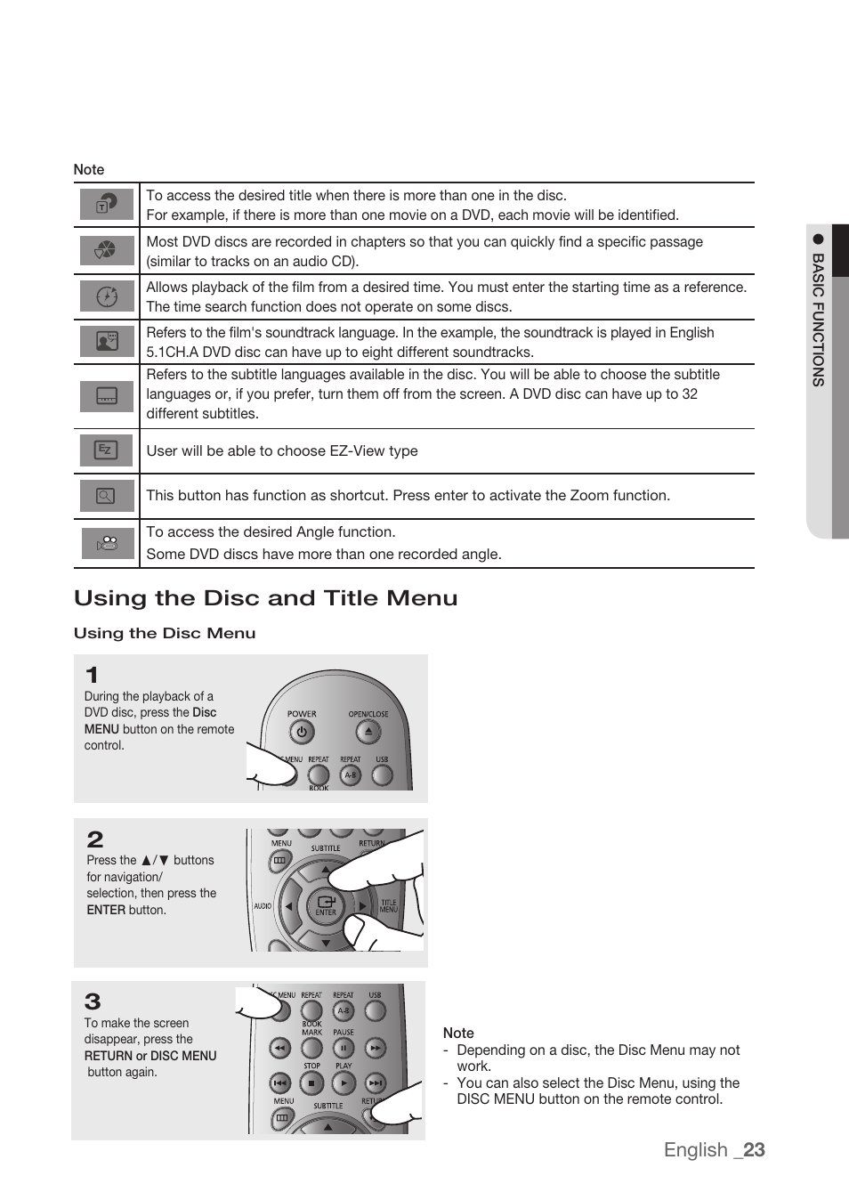 Using the disc and title menu, English | Samsung DVD-H1080R-XAA User Manual | Page 23 / 67