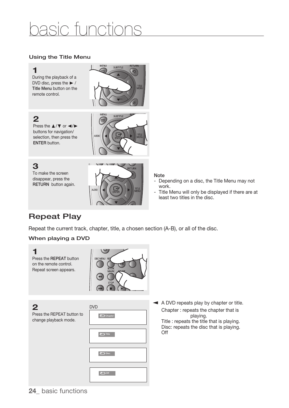 Repeat play, Basic functions | Samsung DVD-H1080R-XAA User Manual | Page 24 / 67