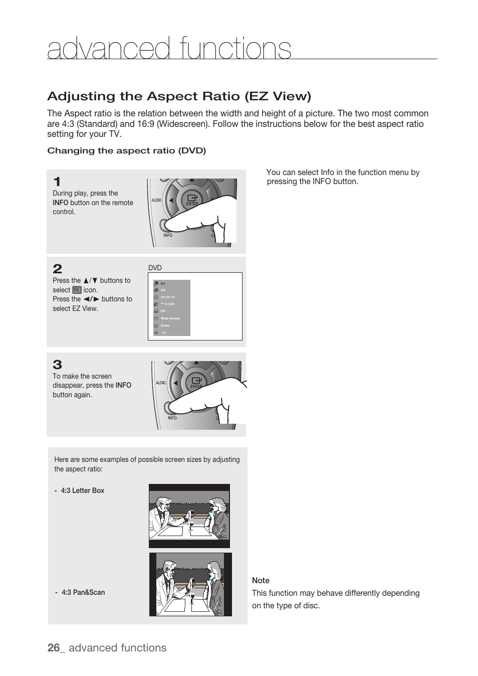 Advanced functions, Adjusting the aspect ratio (ez view) | Samsung DVD-H1080R-XAA User Manual | Page 26 / 67