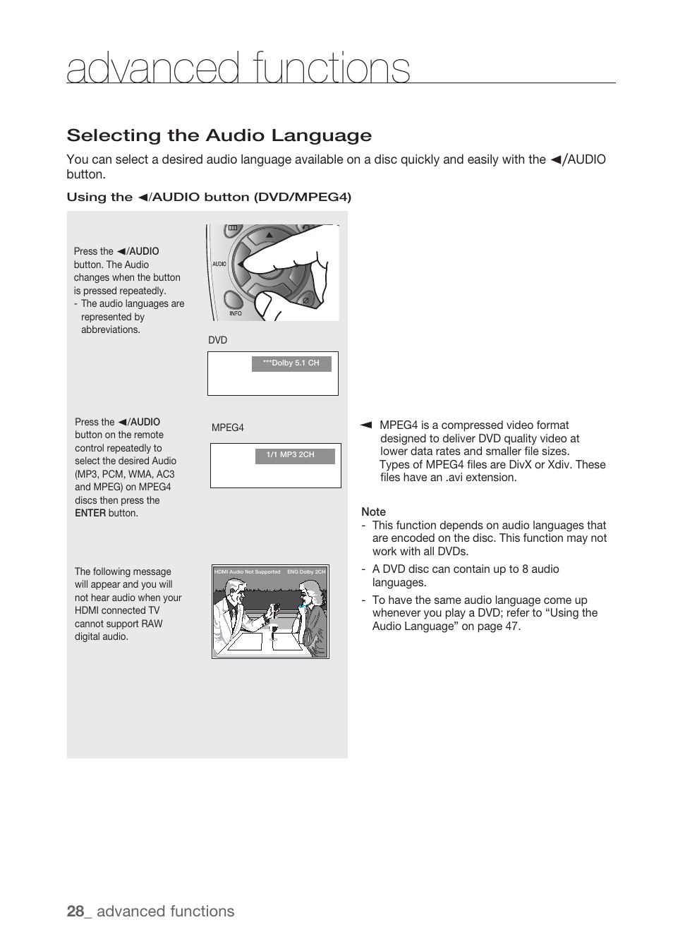 Selecting the audio language, Advanced functions, 8_ advanced functions | Samsung DVD-H1080R-XAA User Manual | Page 28 / 67
