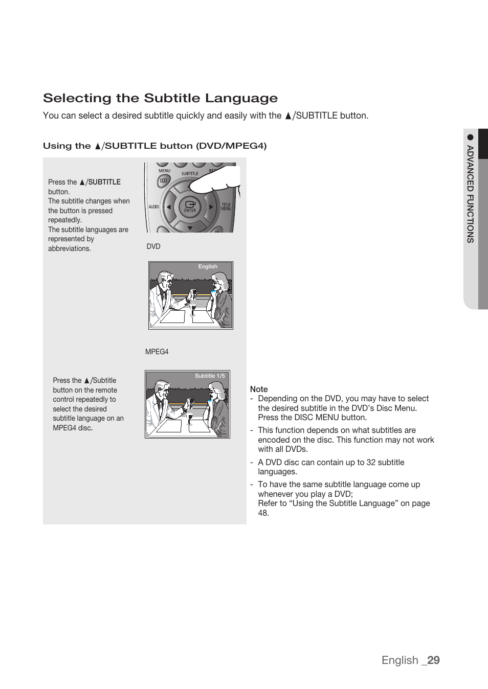 Selecting the subtitle language, English | Samsung DVD-H1080R-XAA User Manual | Page 29 / 67