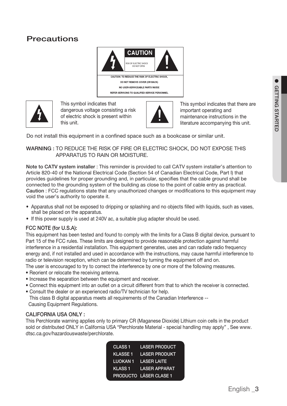 Precautions, English, California usa only | Samsung DVD-H1080R-XAA User Manual | Page 3 / 67