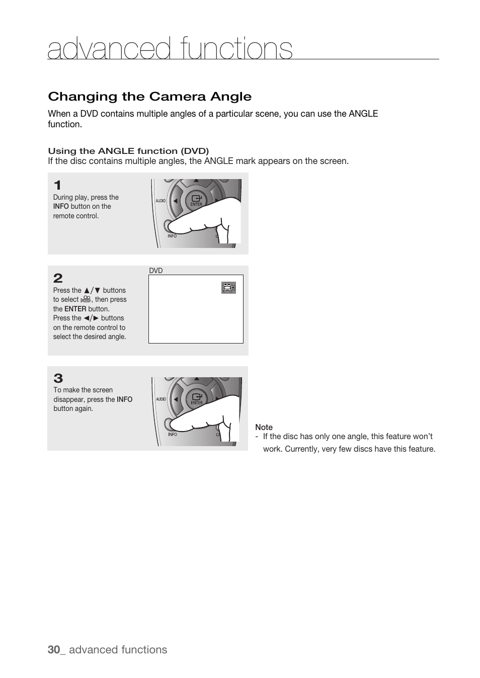 Changing the camera angle, Advanced functions | Samsung DVD-H1080R-XAA User Manual | Page 30 / 67