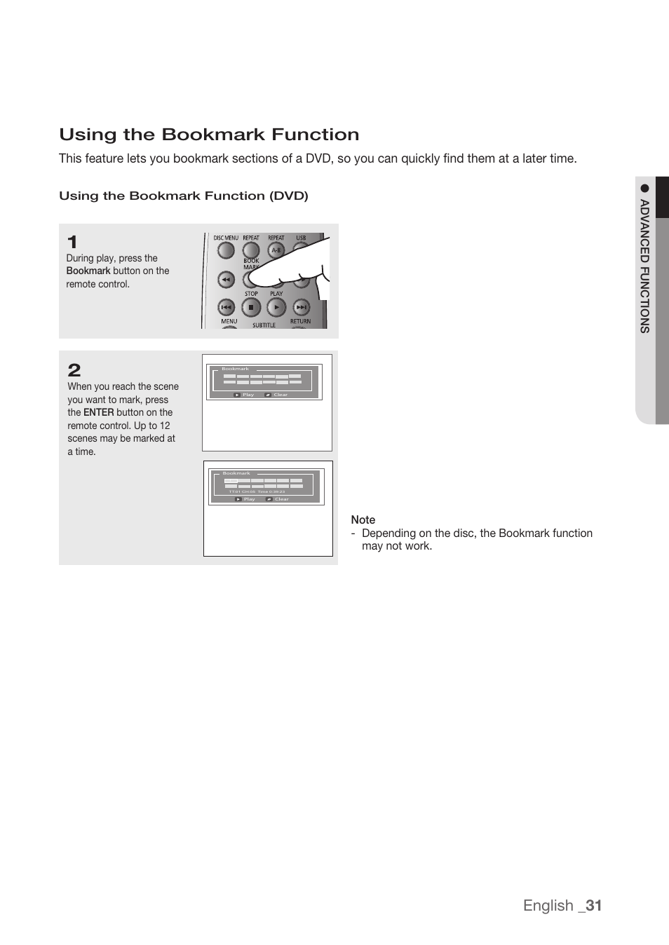 Using the bookmark function, English _31, A dvanced functions | Using the bookmark function (dvd) | Samsung DVD-H1080R-XAA User Manual | Page 31 / 67