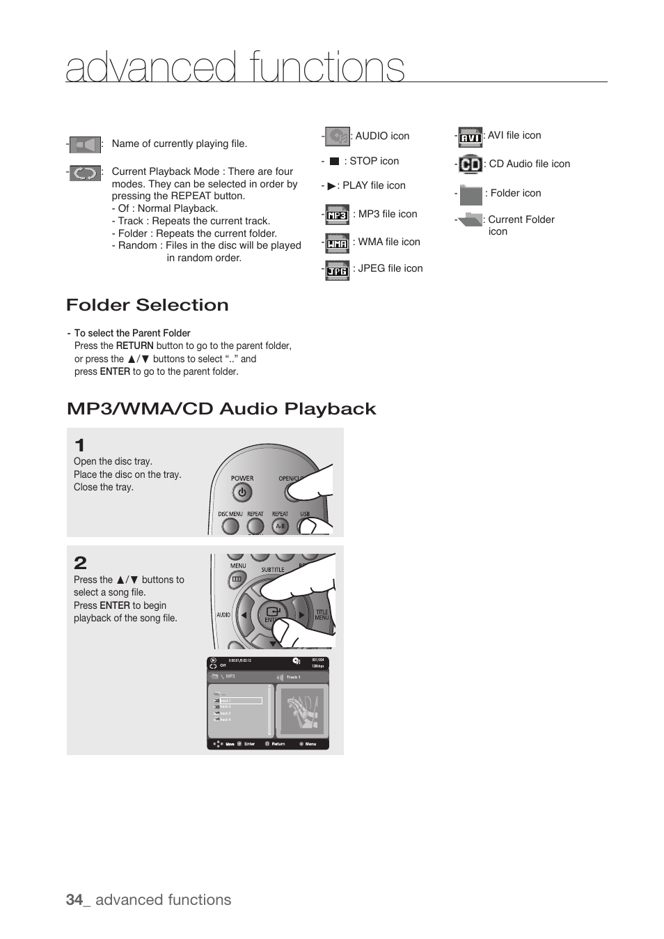Folder selection, Mp3/wma/cd audio playback, Advanced functions | Folder selection mp3/wma/cd audio playback, 34_ advanced functions | Samsung DVD-H1080R-XAA User Manual | Page 34 / 67