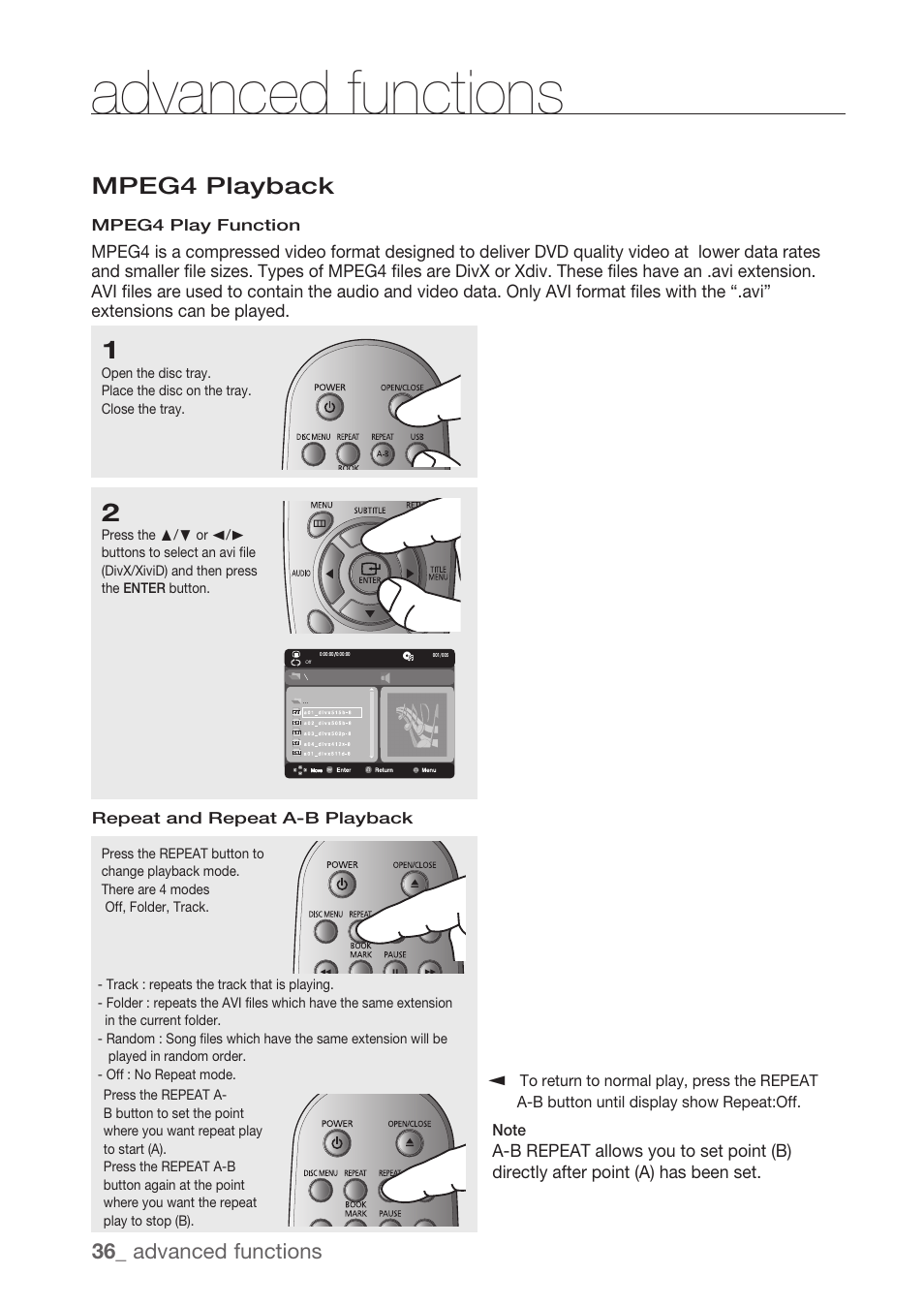 Mpeg4 playback, Advanced functions, 36_ advanced functions | Samsung DVD-H1080R-XAA User Manual | Page 36 / 67