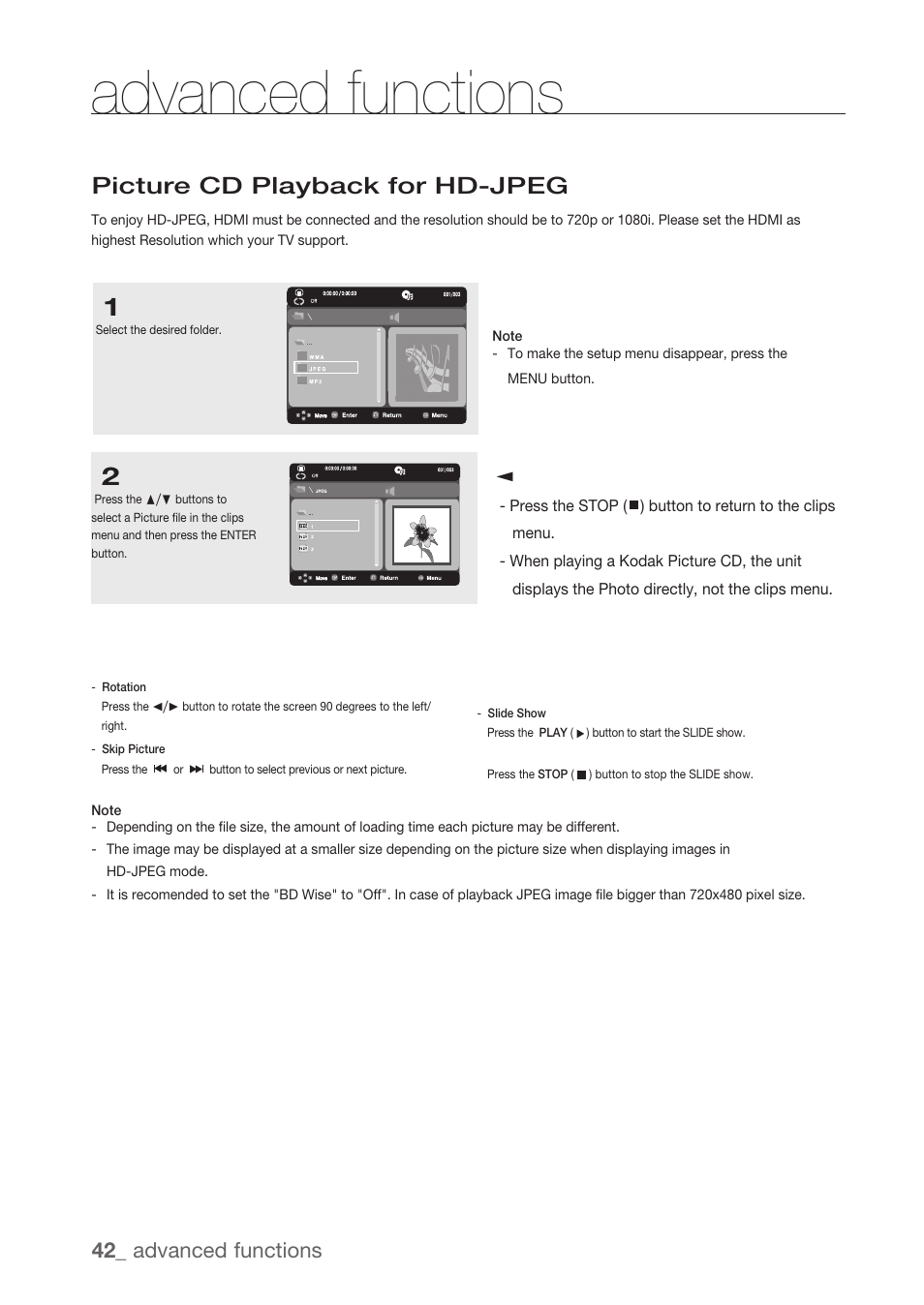Picture cd playback for hd-jpeg, Advanced functions, 42_ advanced functions | Samsung DVD-H1080R-XAA User Manual | Page 42 / 67