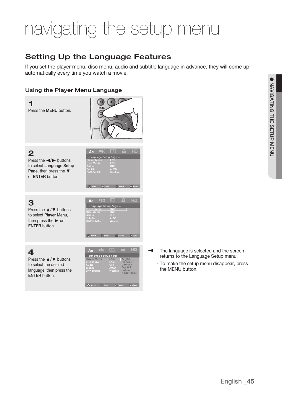 Setting up the language features, Navigating the setup menu, English _45 | Samsung DVD-H1080R-XAA User Manual | Page 45 / 67