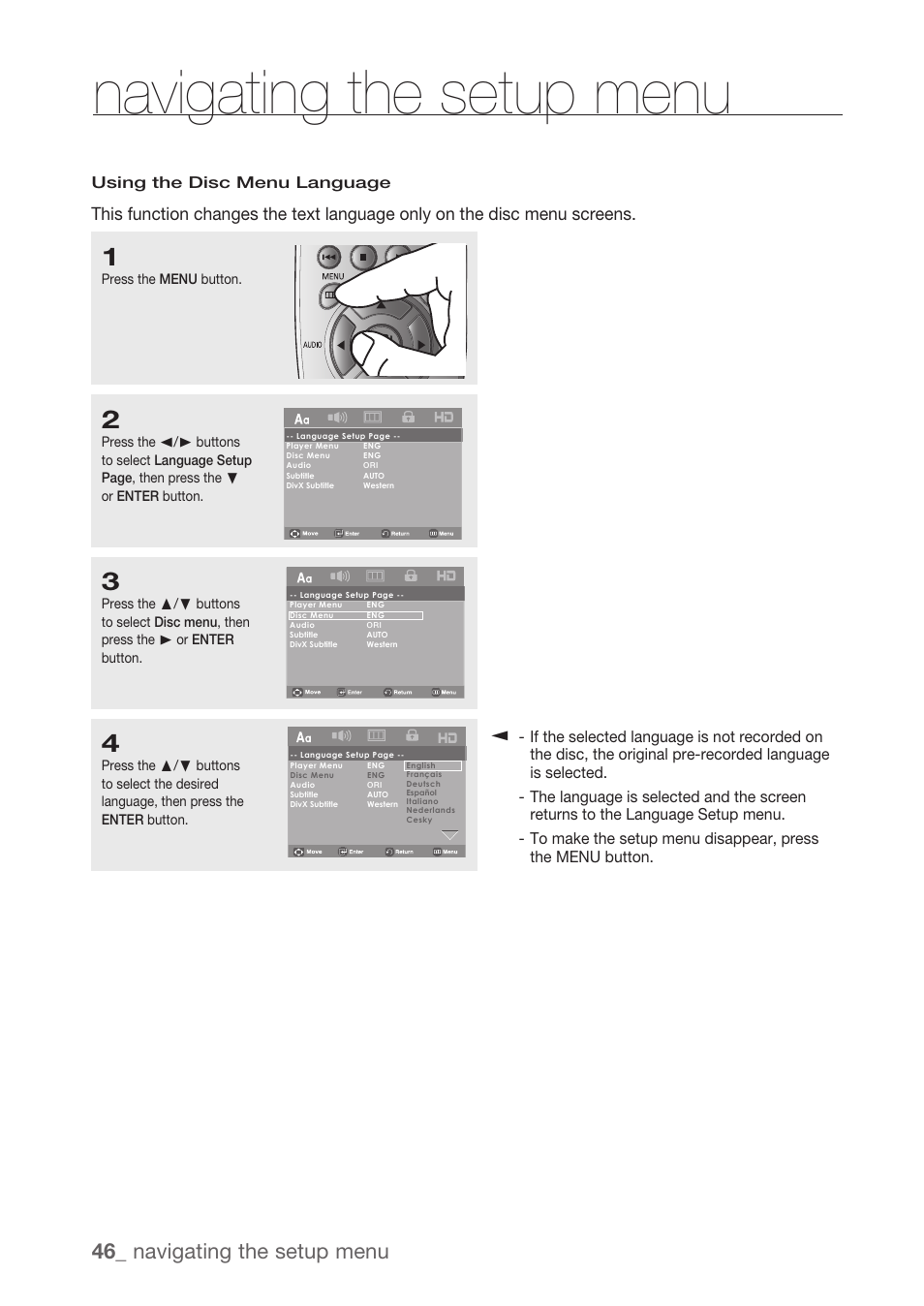 Navigating the setup menu, 46_ navigating the setup menu | Samsung DVD-H1080R-XAA User Manual | Page 46 / 67