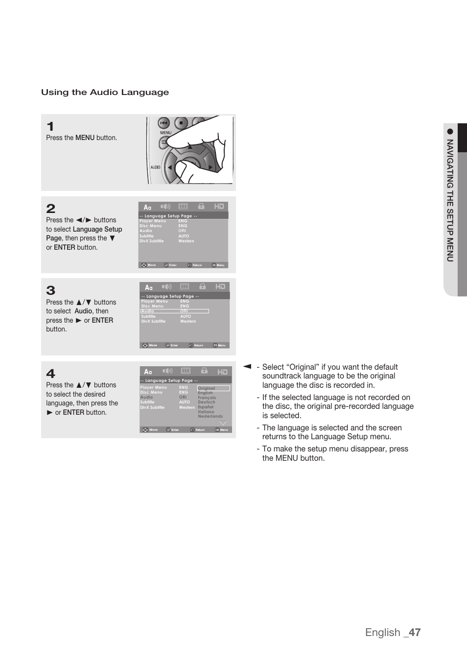 English _47, Navigating the setup menu using the audio language | Samsung DVD-H1080R-XAA User Manual | Page 47 / 67