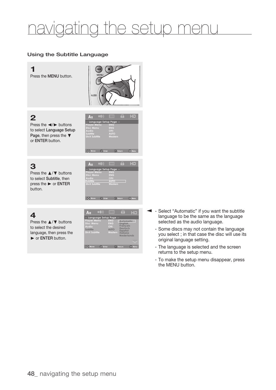Navigating the setup menu, 48_ navigating the setup menu | Samsung DVD-H1080R-XAA User Manual | Page 48 / 67