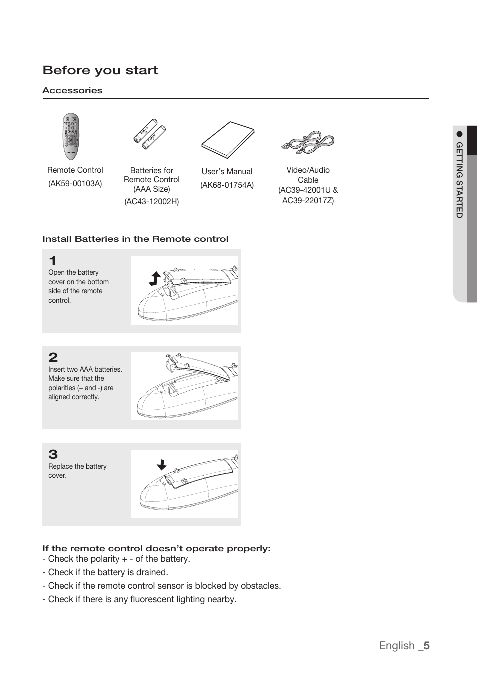 Before you start, English | Samsung DVD-H1080R-XAA User Manual | Page 5 / 67