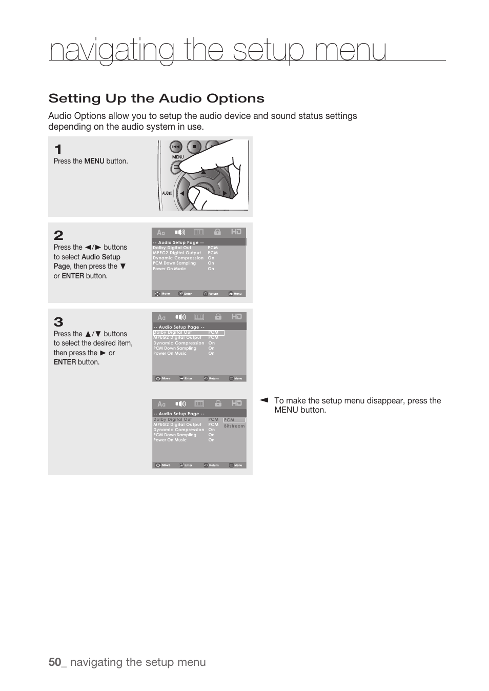 Setting up the audio options, Navigating the setup menu, 0_ navigating the setup menu | Samsung DVD-H1080R-XAA User Manual | Page 50 / 67