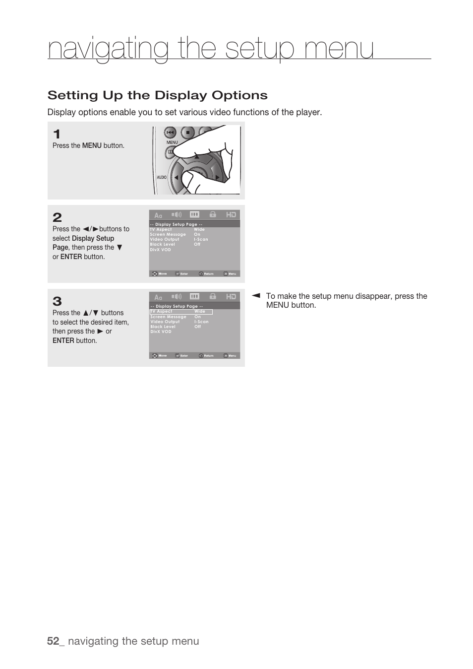 Setting up the display options, Navigating the setup menu | Samsung DVD-H1080R-XAA User Manual | Page 52 / 67