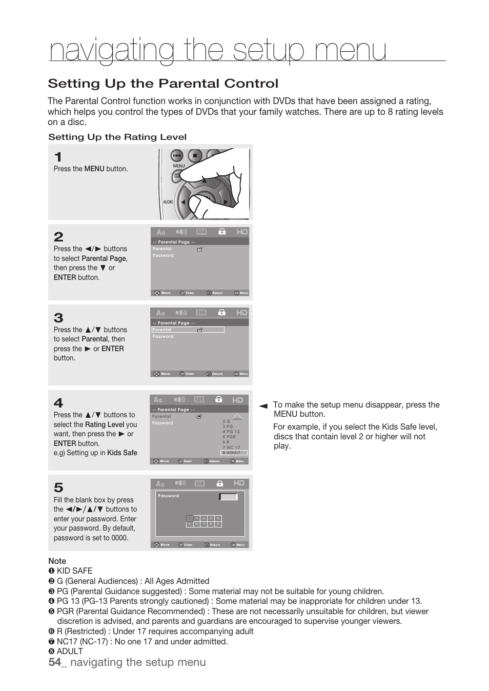 Setting up the parental control, Navigating the setup menu | Samsung DVD-H1080R-XAA User Manual | Page 54 / 67