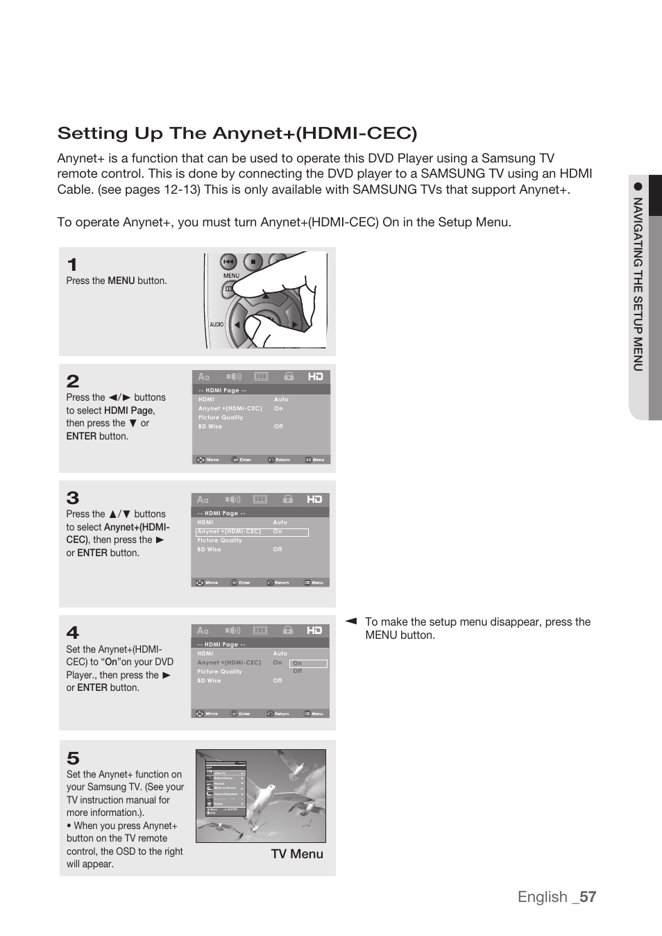 Setting up the anynet+(hdmi-cec), English, Tv menu | Samsung DVD-H1080R-XAA User Manual | Page 57 / 67