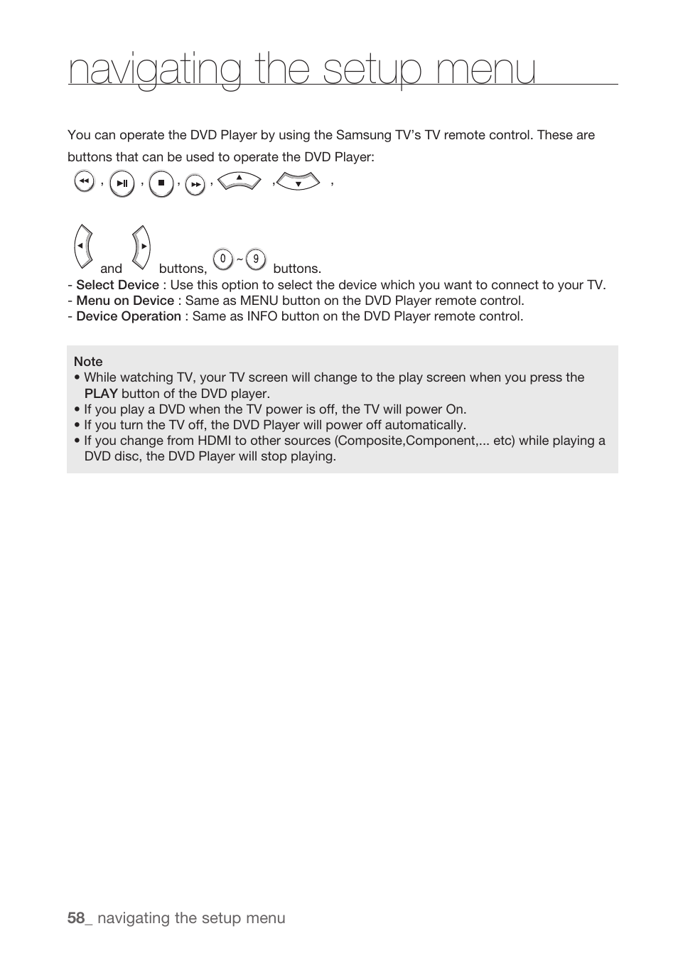 Navigating the setup menu | Samsung DVD-H1080R-XAA User Manual | Page 58 / 67
