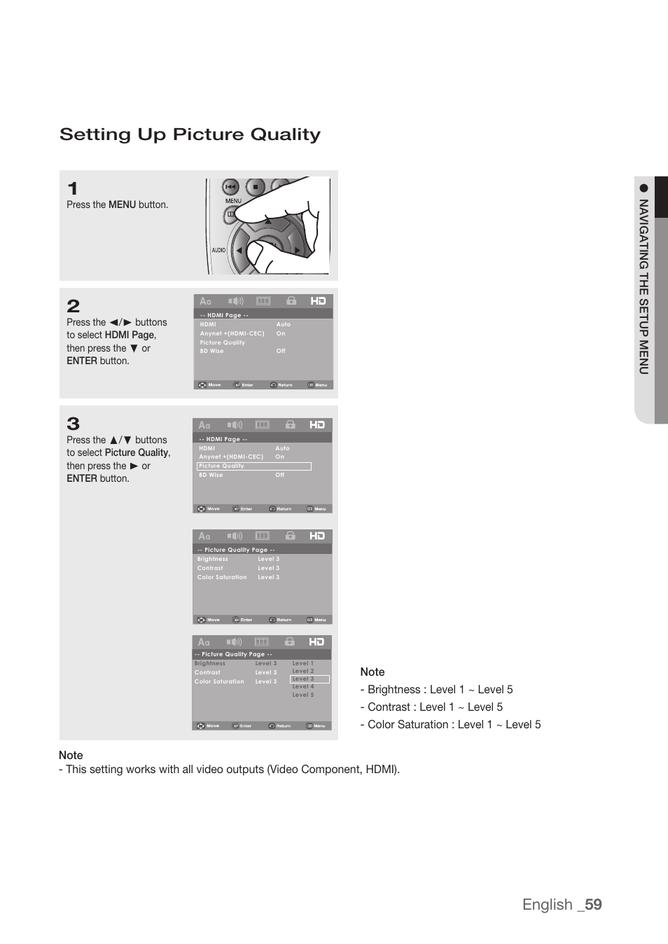 Setting up picture quality, English _59, Navigating the setup menu | Samsung DVD-H1080R-XAA User Manual | Page 59 / 67