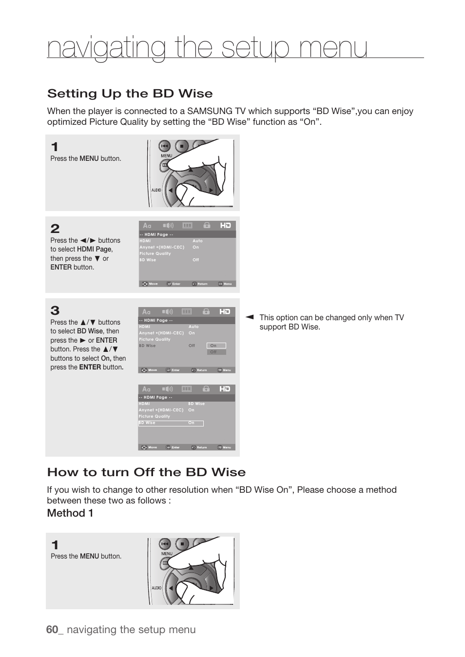 Setting up the bd wise, Navigating the setup menu, How to turn off the bd wise | 60_ navigating the setup menu, Method 1 | Samsung DVD-H1080R-XAA User Manual | Page 60 / 67