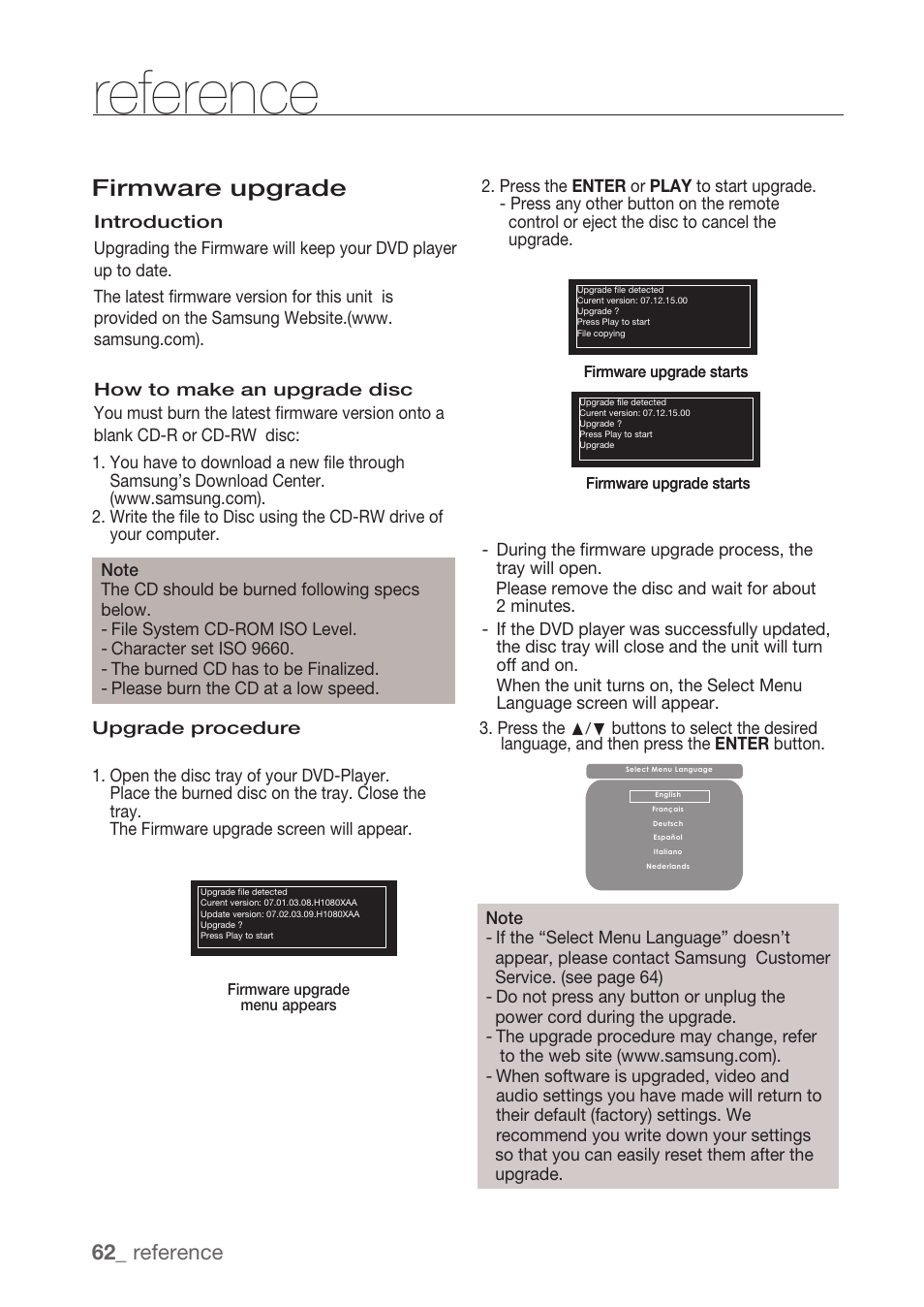 Reference, Firmware upgrade | Samsung DVD-H1080R-XAA User Manual | Page 62 / 67