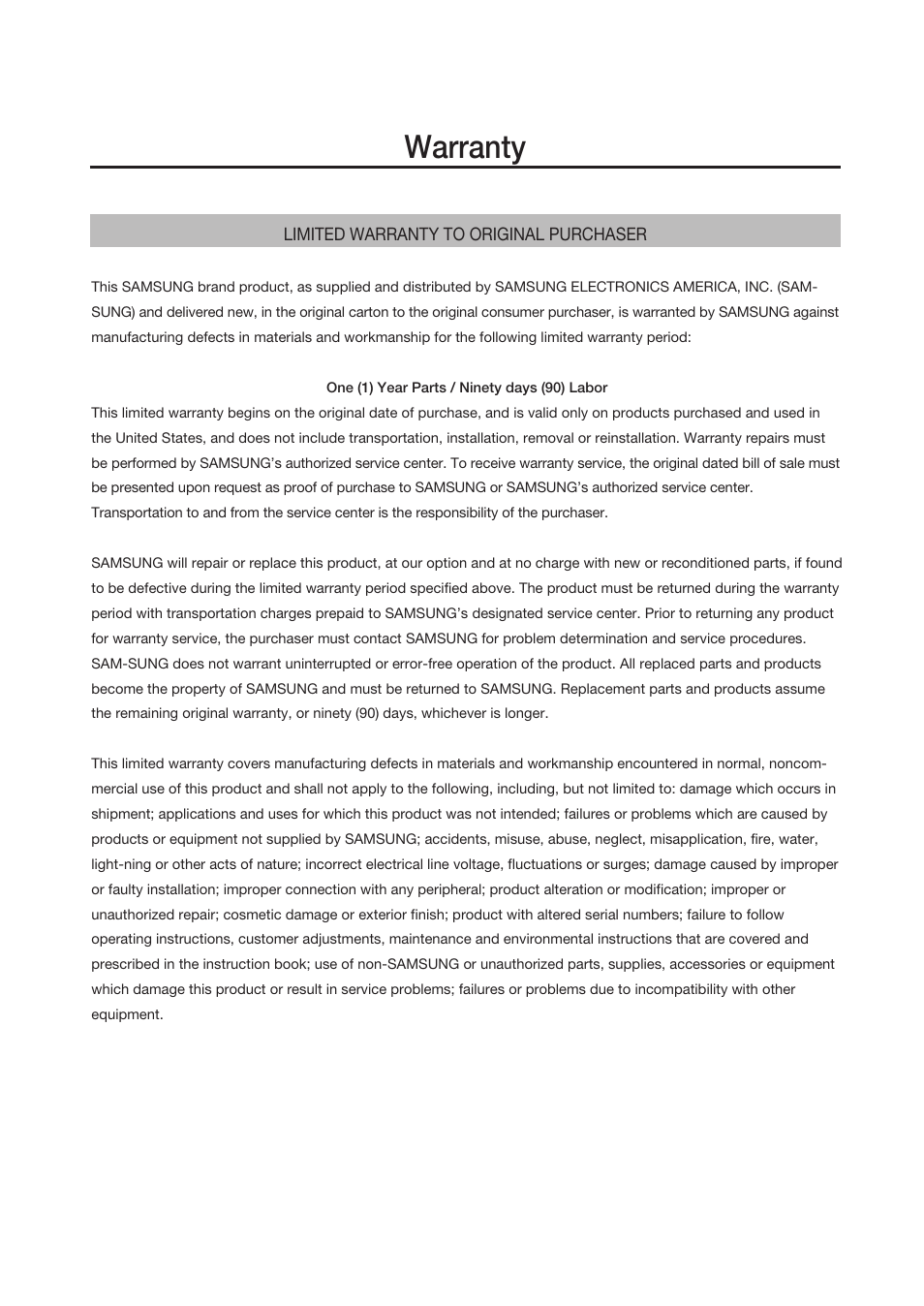 Warranty | Samsung DVD-H1080R-XAA User Manual | Page 66 / 67