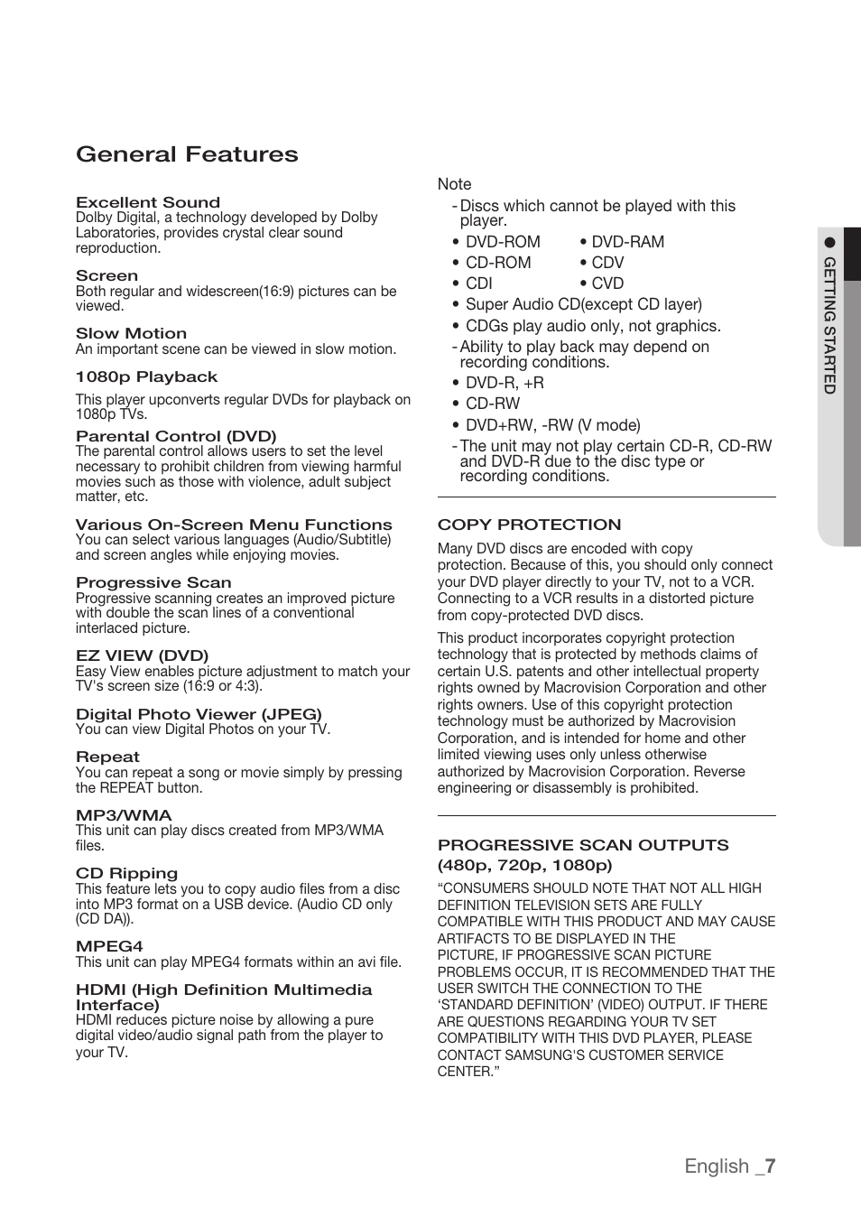 General features, English | Samsung DVD-H1080R-XAA User Manual | Page 7 / 67