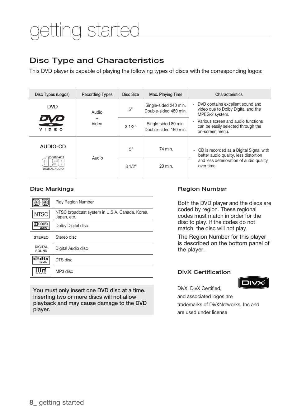 Disc type and characteristics, Getting started, 8_ getting started | Samsung DVD-H1080R-XAA User Manual | Page 8 / 67