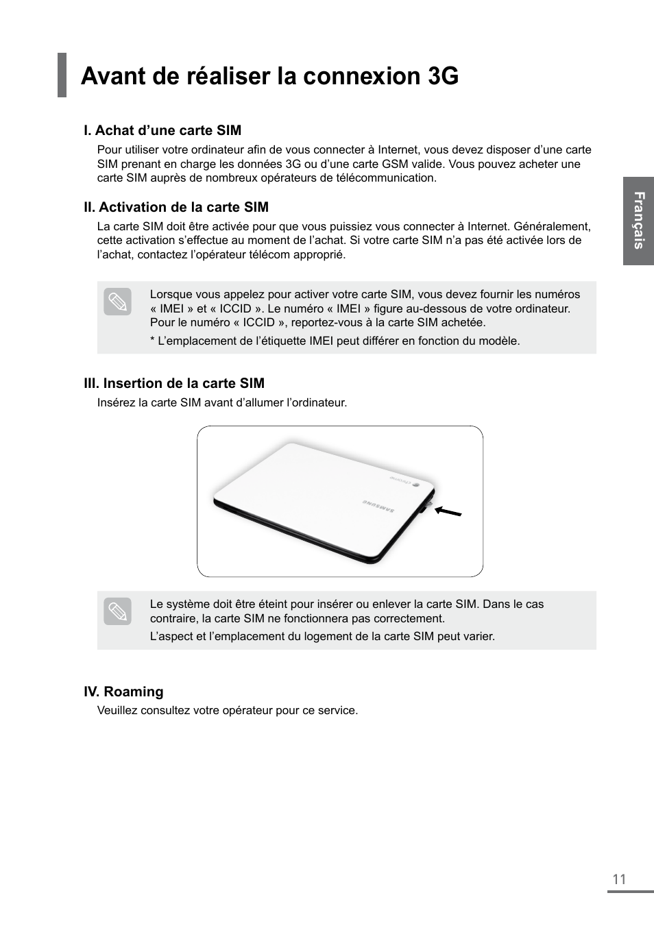 Avant de réaliser la connexion 3g | Samsung XE500C21-A04US User Manual | Page 11 / 87