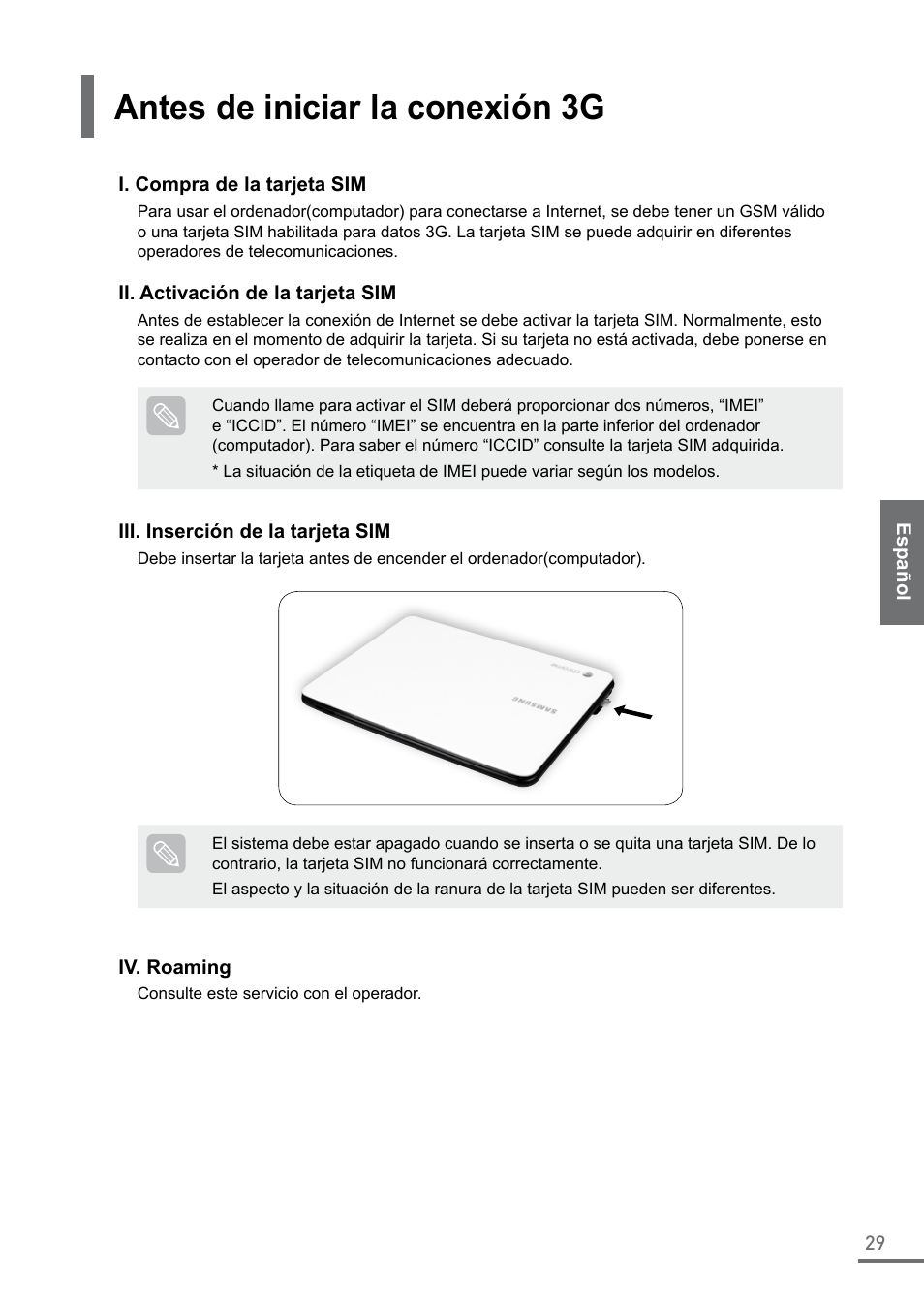 Antes de iniciar la conexión 3g | Samsung XE500C21-A04US User Manual | Page 29 / 87