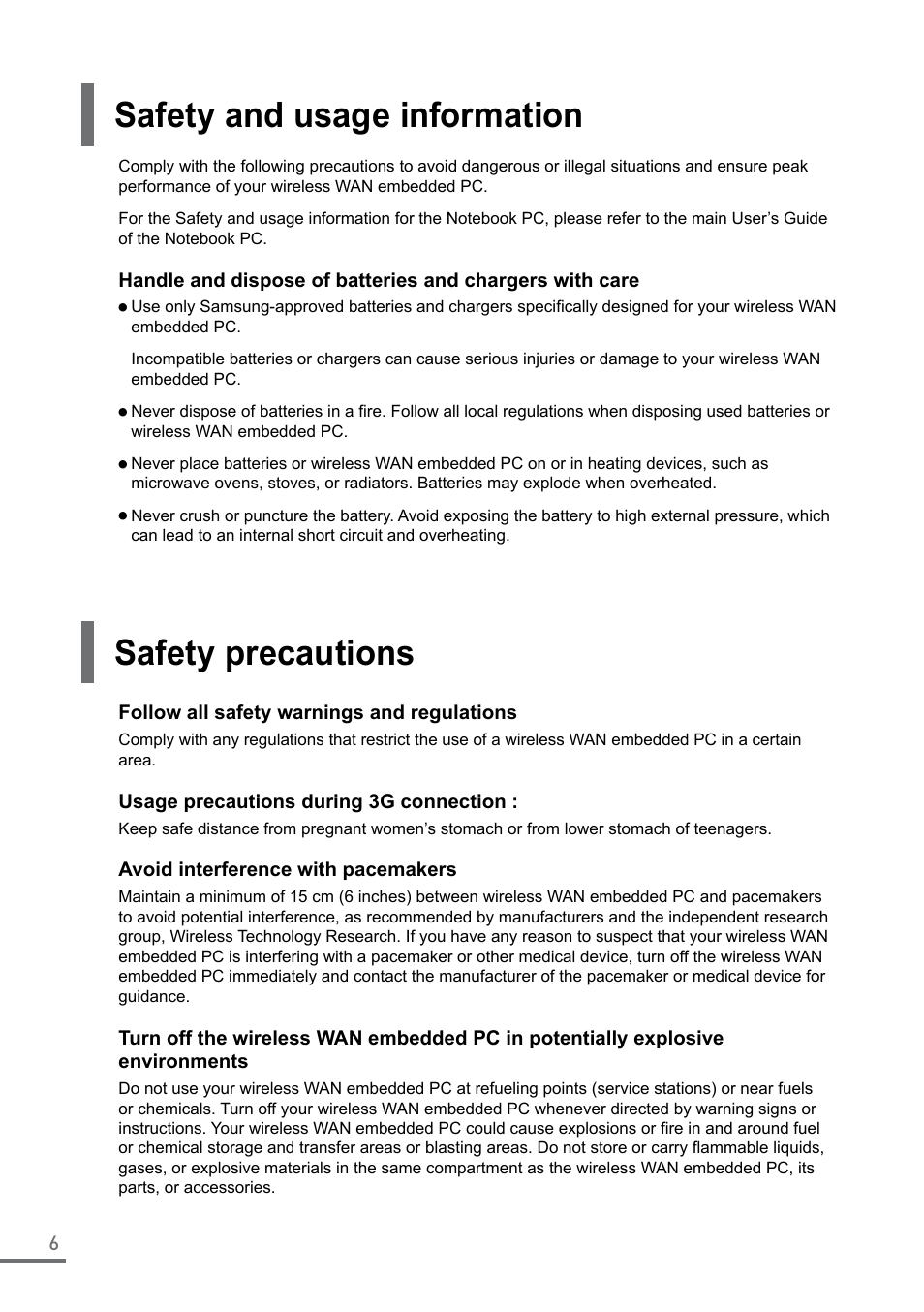 Safety and usage information, Safety precautions, Safety and usage information safety precautions | Samsung XE500C21-A04US User Manual | Page 6 / 87