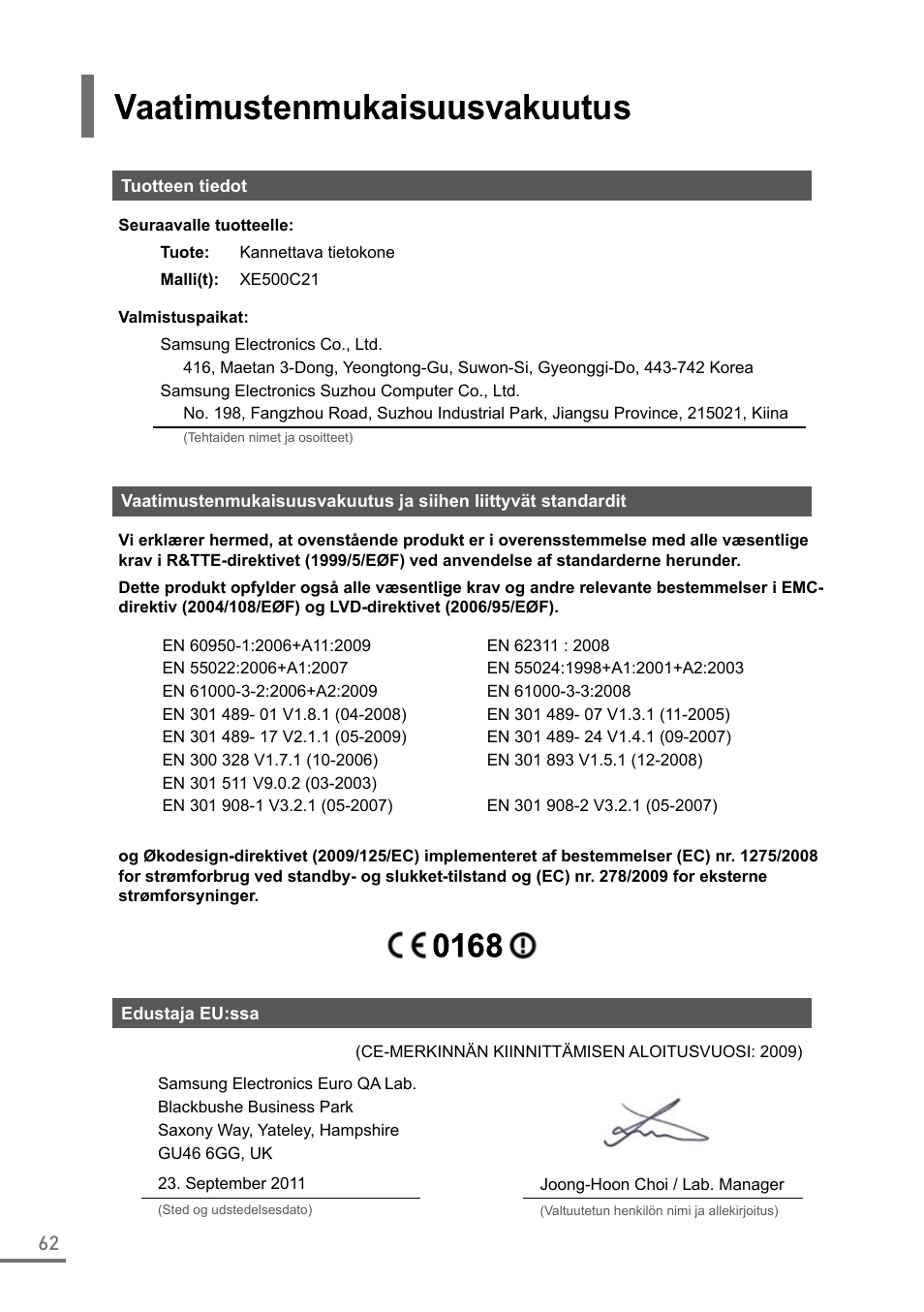 Vaatimustenmukaisuusvakuutus | Samsung XE500C21-A04US User Manual | Page 62 / 87