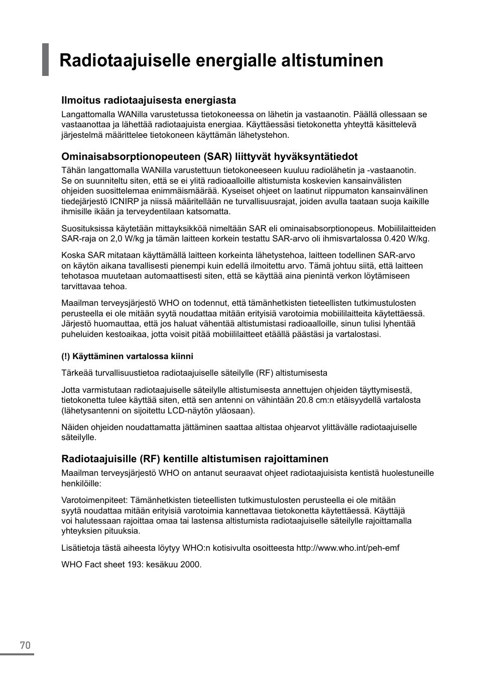 Radiotaajuiselle energialle altistuminen | Samsung XE500C21-A04US User Manual | Page 70 / 87