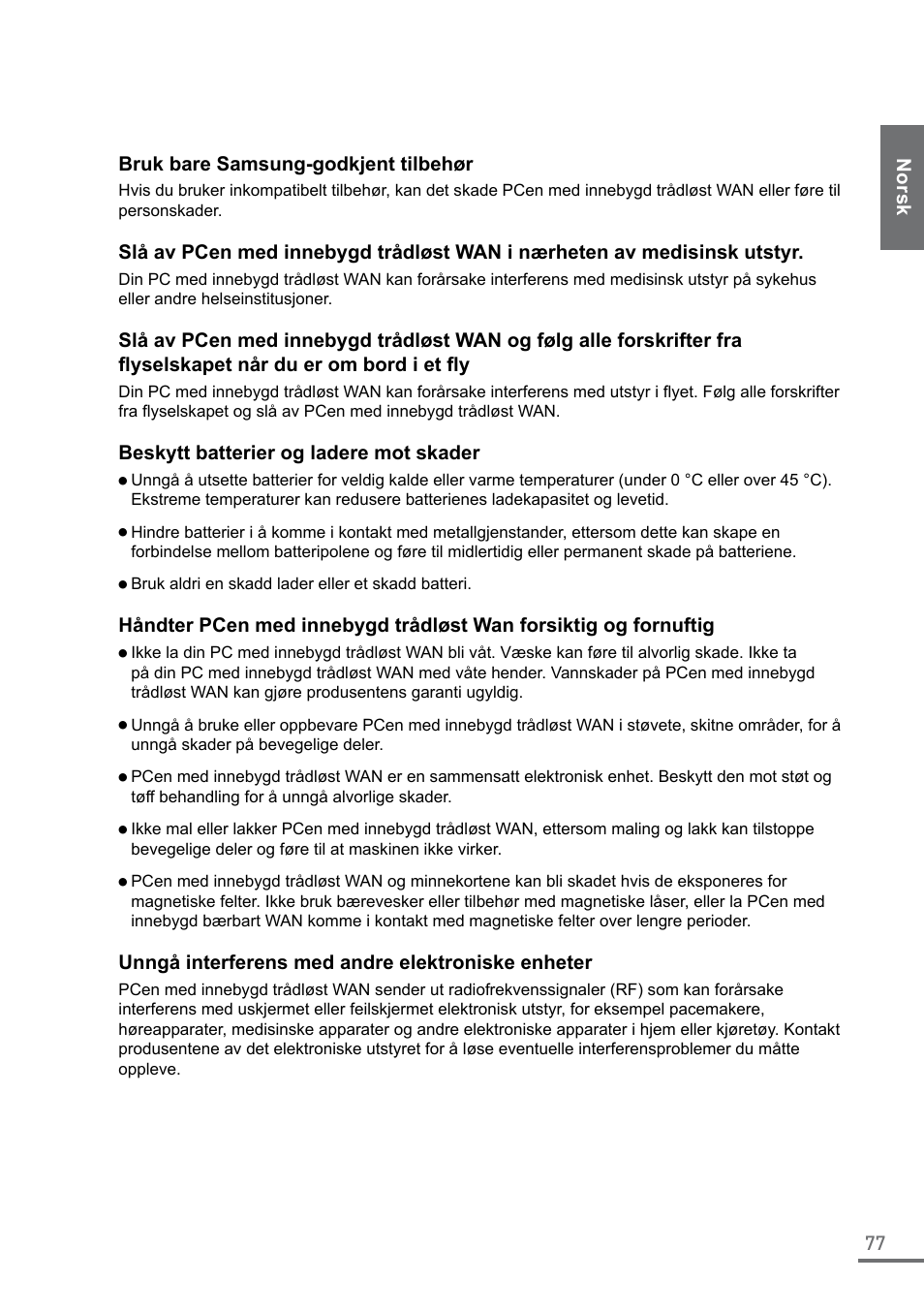 77 n or sk bruk bare samsung-godkjent tilbehør, Beskytt batterier og ladere mot skader, Unngå interferens med andre elektroniske enheter | Samsung XE500C21-A04US User Manual | Page 77 / 87