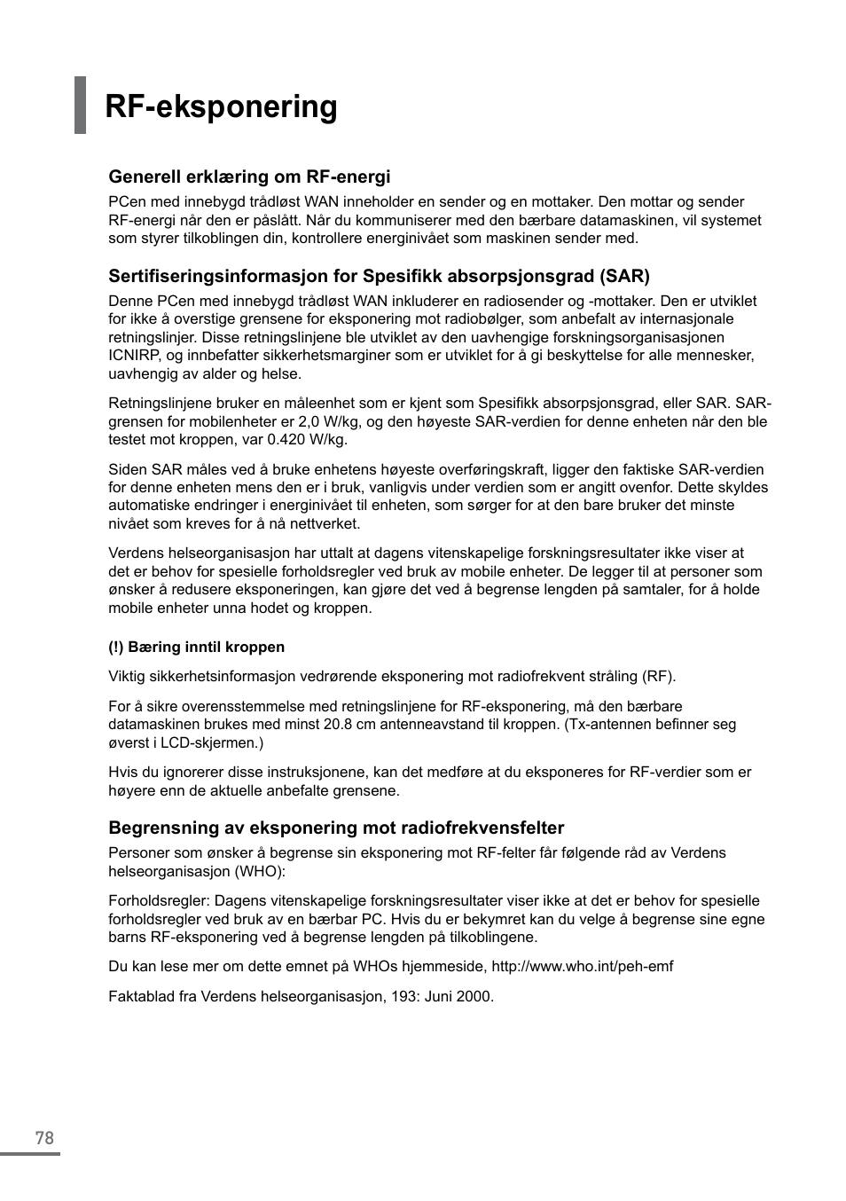 Rf-eksponering | Samsung XE500C21-A04US User Manual | Page 78 / 87