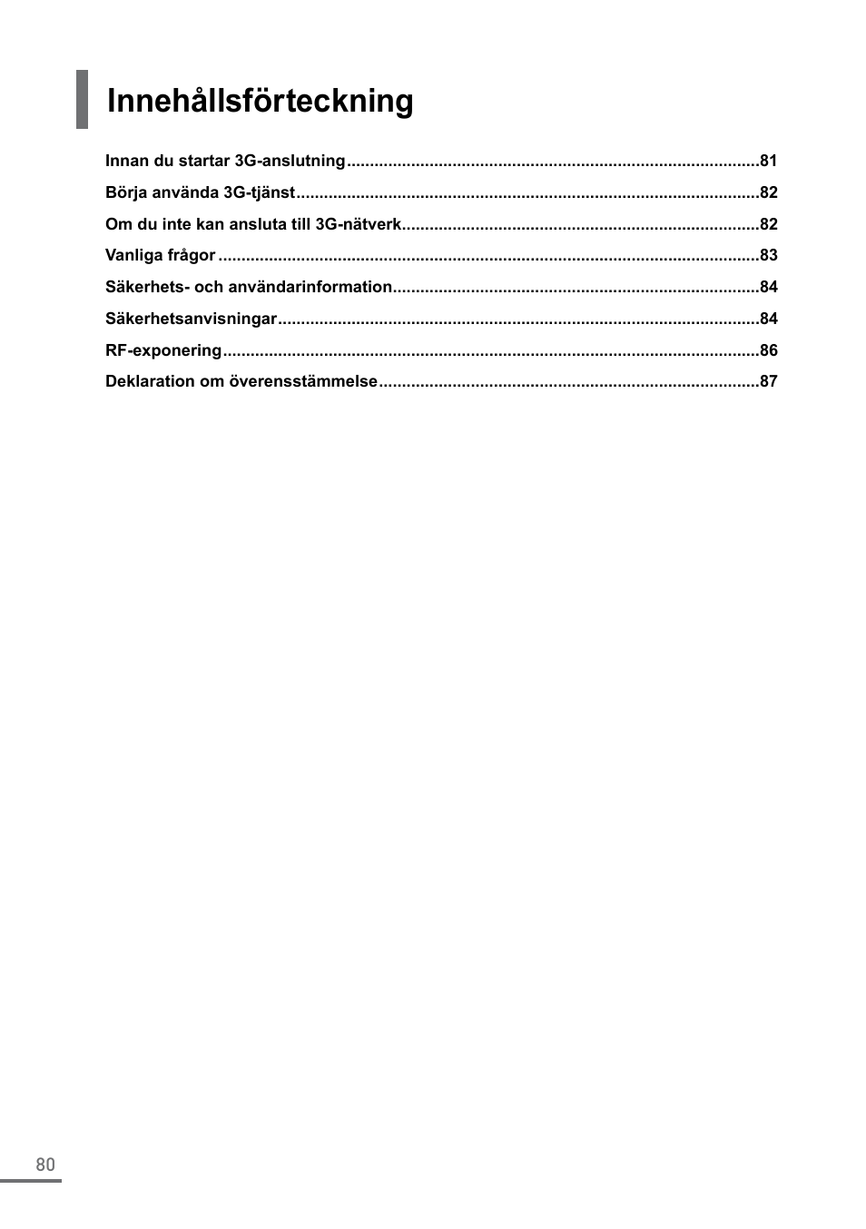 Svenska, Innehållsförteckning, 3g-anslutningguide | Samsung XE500C21-A04US User Manual | Page 80 / 87