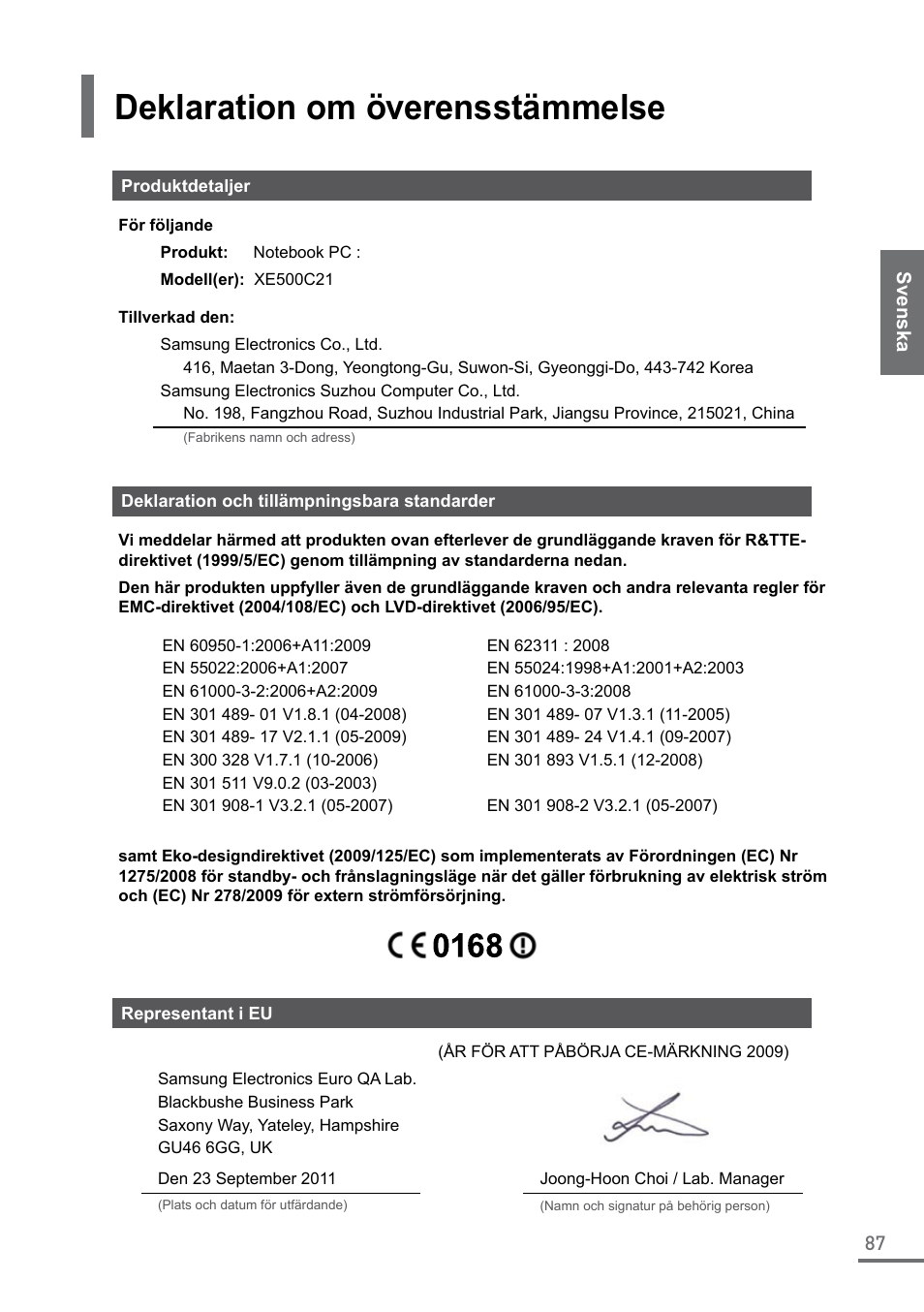 Deklaration om överensstämmelse | Samsung XE500C21-A04US User Manual | Page 87 / 87