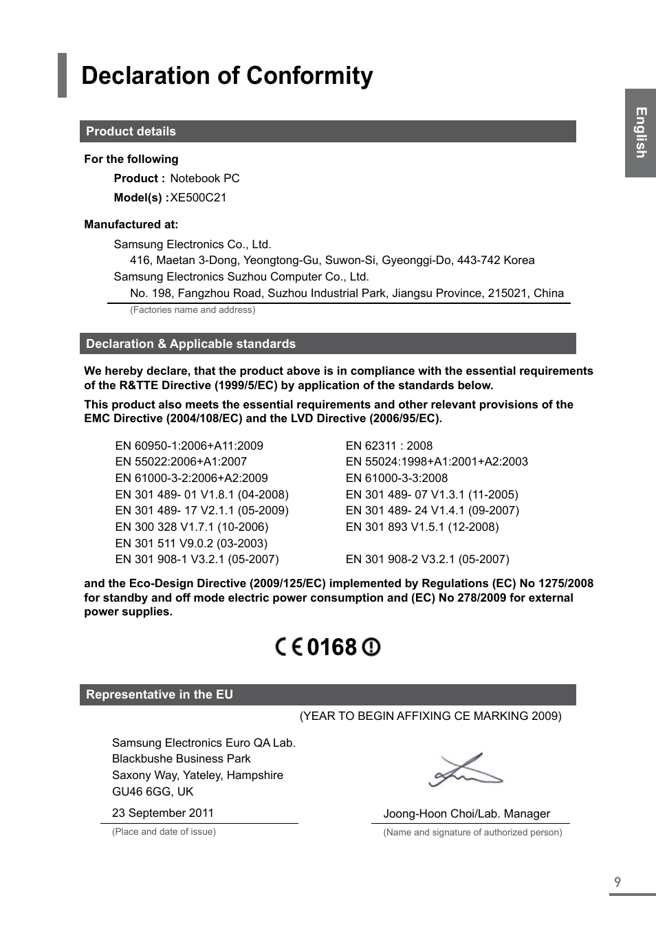 Declaration of conformity | Samsung XE500C21-A04US User Manual | Page 9 / 87
