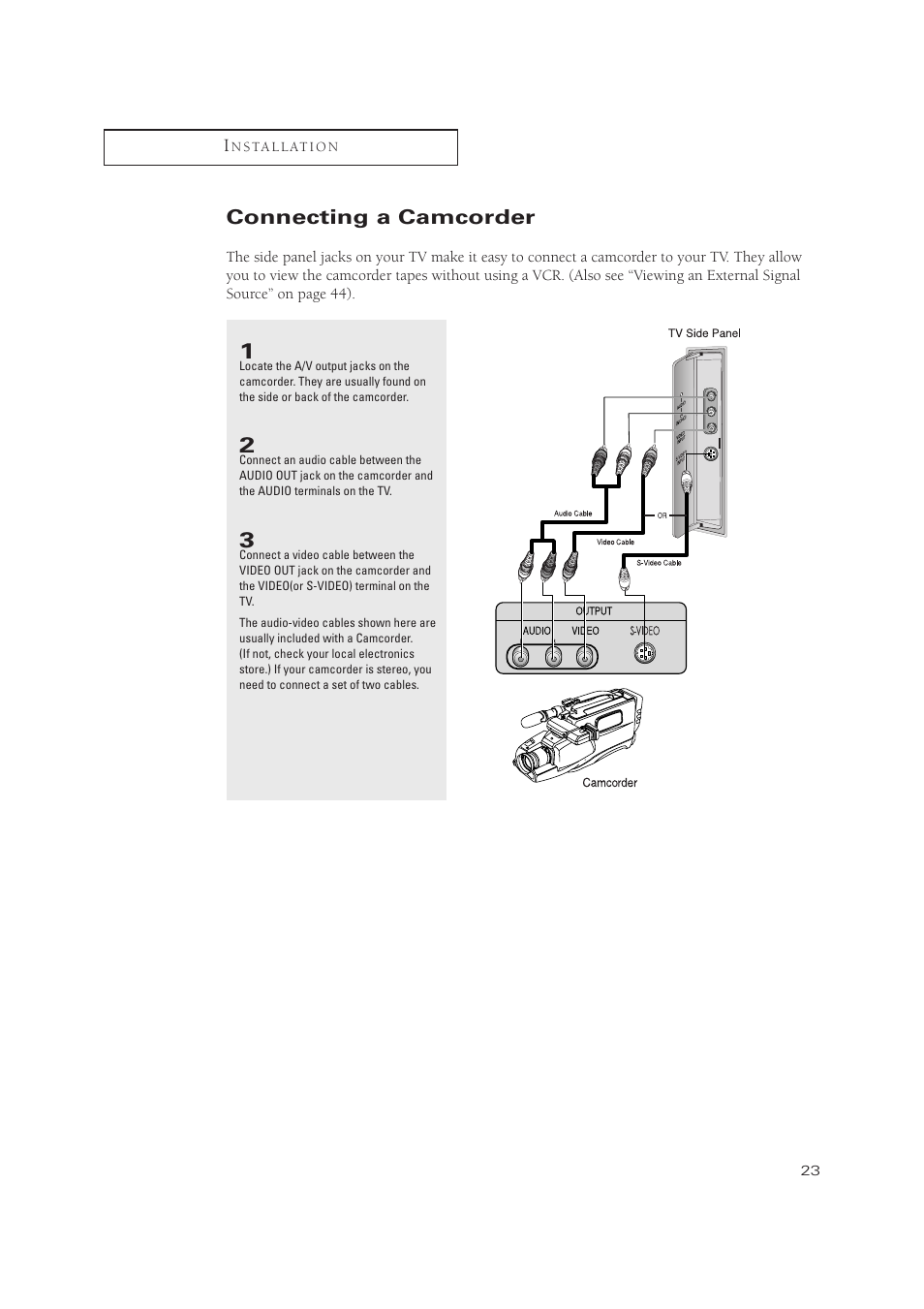 Connecting a camcorder | Samsung TXP3071WHX-XAA User Manual | Page 23 / 83