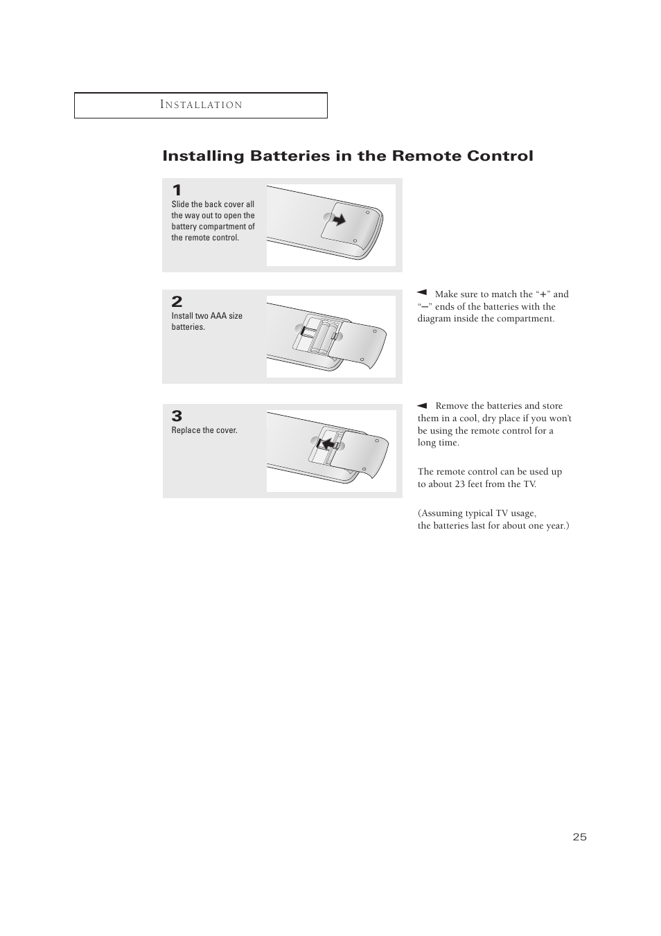 Installing batteries in the remote control | Samsung TXP3071WHX-XAA User Manual | Page 25 / 83