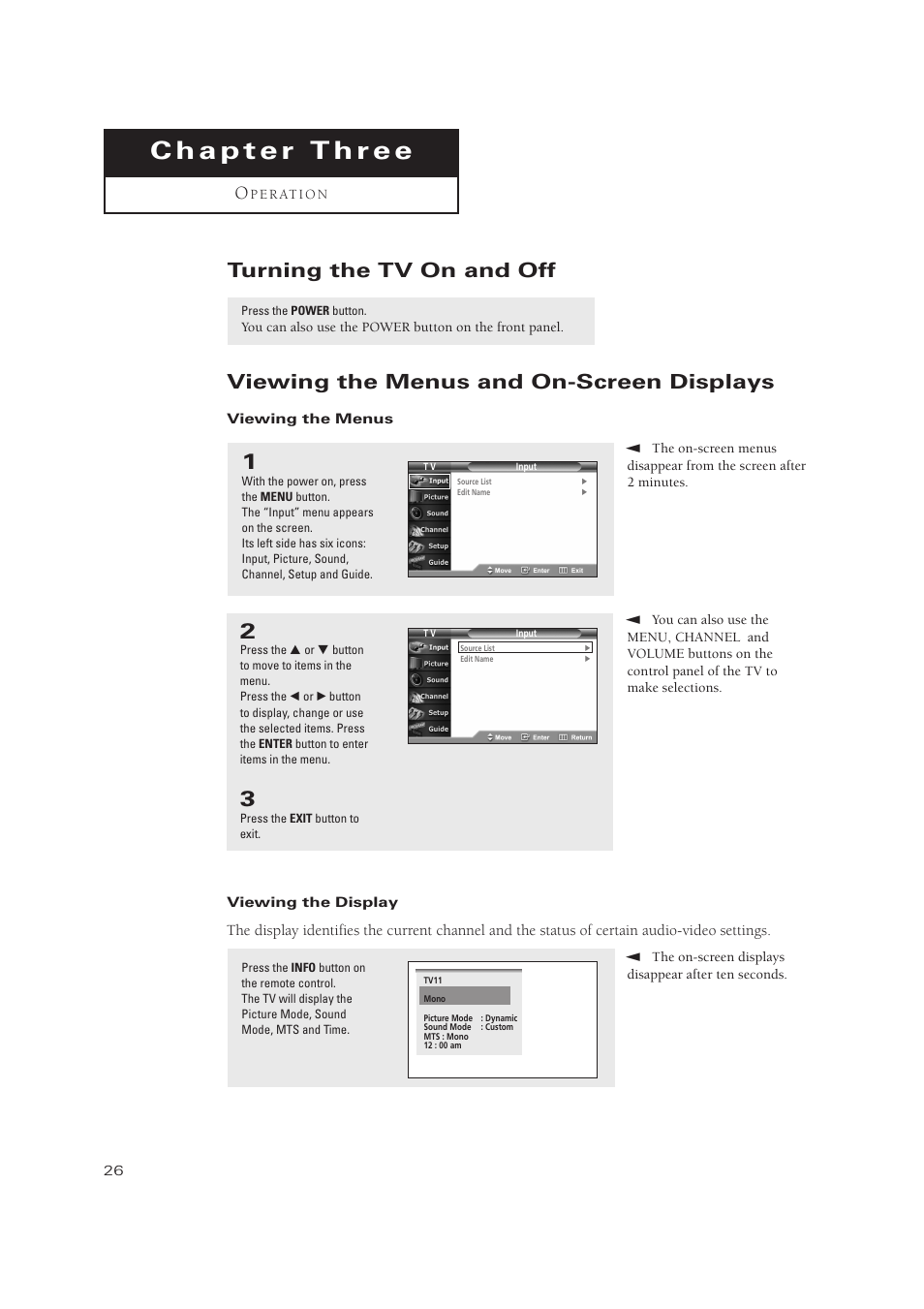 Turning the tv on and off, Viewing the menus and on-screen displays | Samsung TXP3071WHX-XAA User Manual | Page 26 / 83