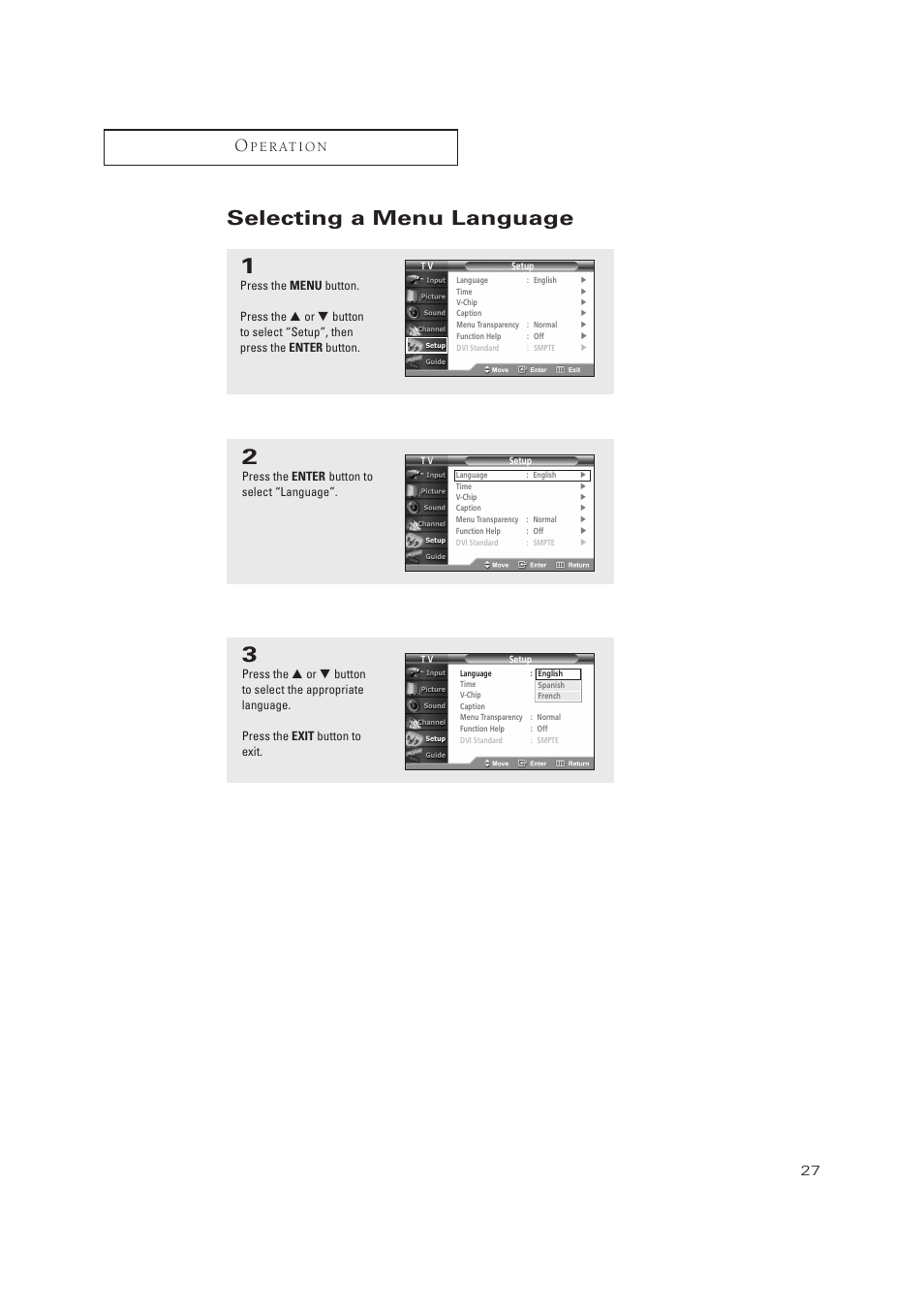 Selecting a menu language, P e r at i o n | Samsung TXP3071WHX-XAA User Manual | Page 27 / 83