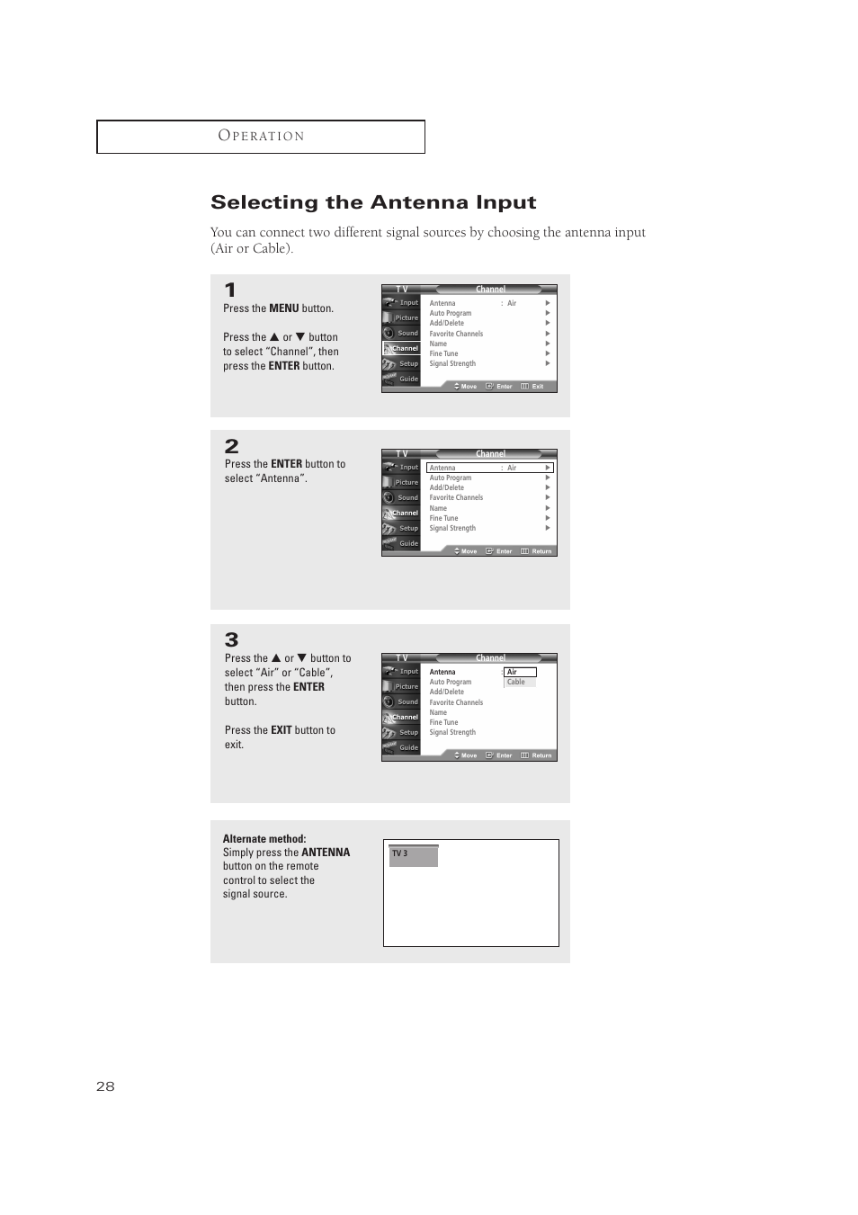 Selecting the antenna input, P e r at i o n | Samsung TXP3071WHX-XAA User Manual | Page 28 / 83