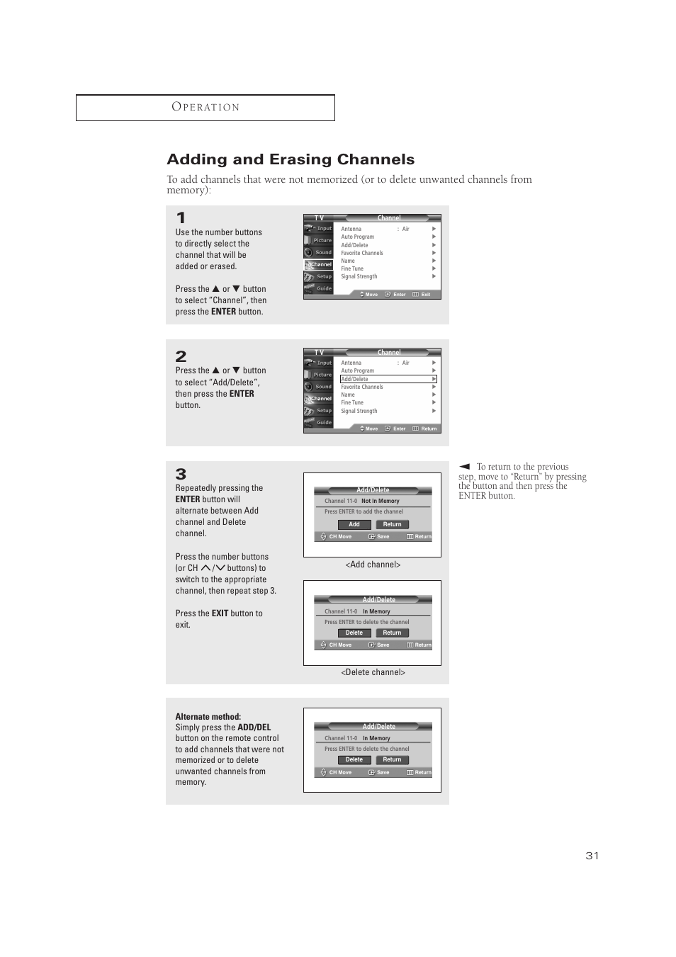 Adding and erasing channels, P e r at i o n | Samsung TXP3071WHX-XAA User Manual | Page 31 / 83
