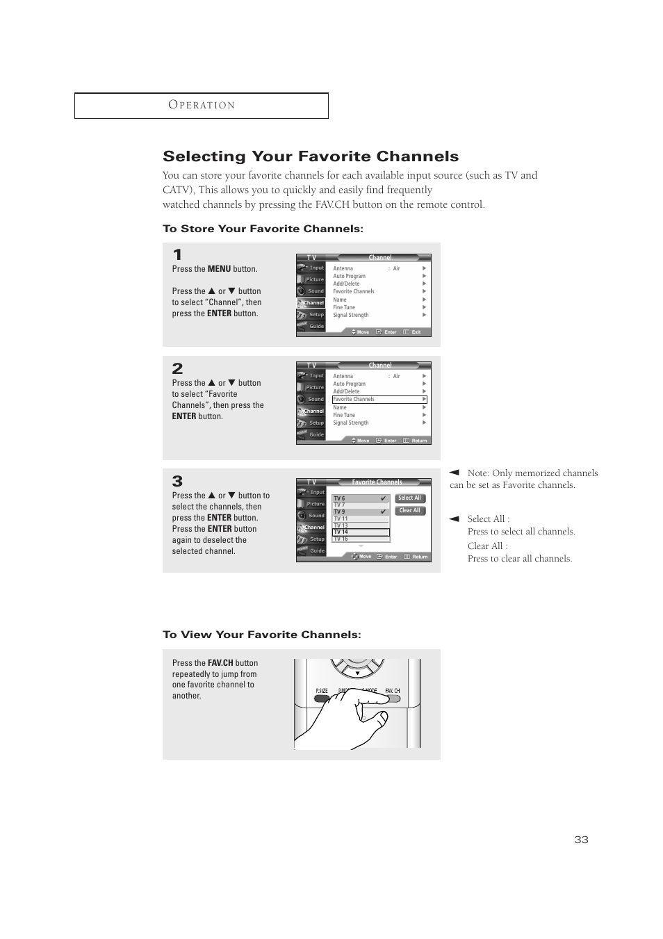 Selecting your favorite channels | Samsung TXP3071WHX-XAA User Manual | Page 33 / 83
