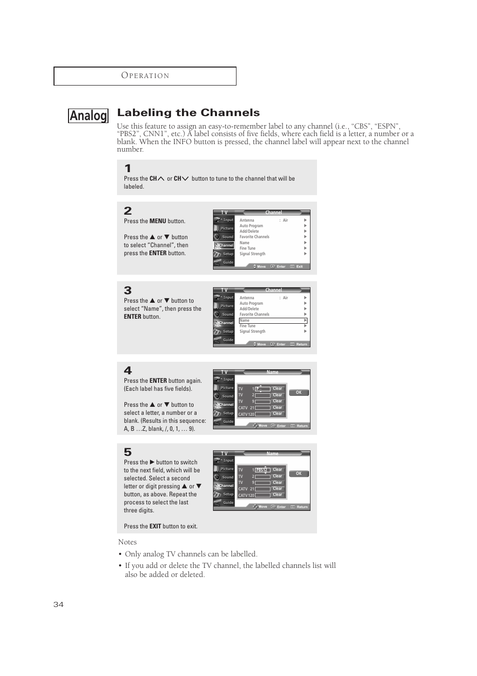 Analog, Labeling the channels, P e r at i o n | Samsung TXP3071WHX-XAA User Manual | Page 34 / 83