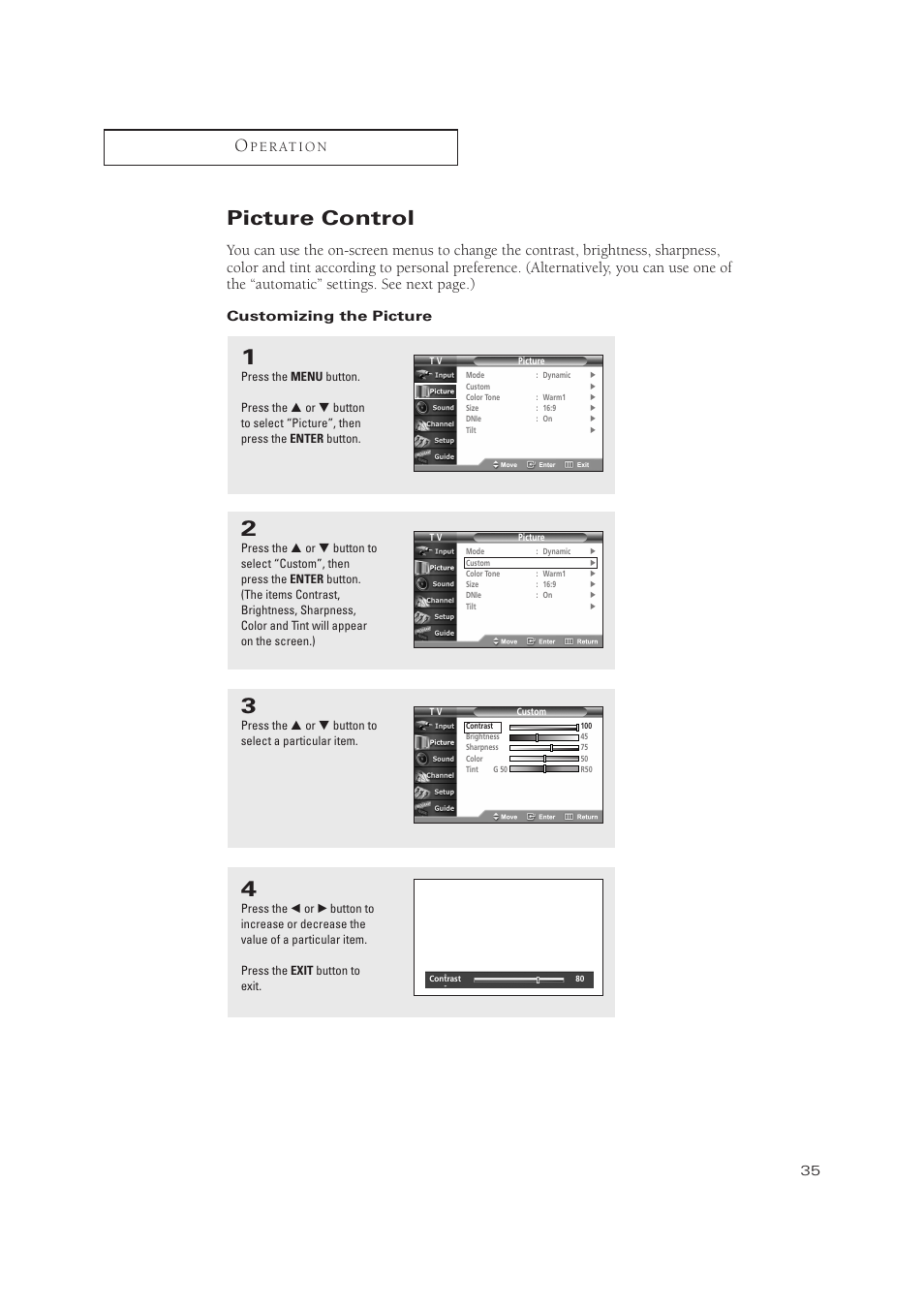 Picture control, P e r at i o n, Customizing the picture | Samsung TXP3071WHX-XAA User Manual | Page 35 / 83