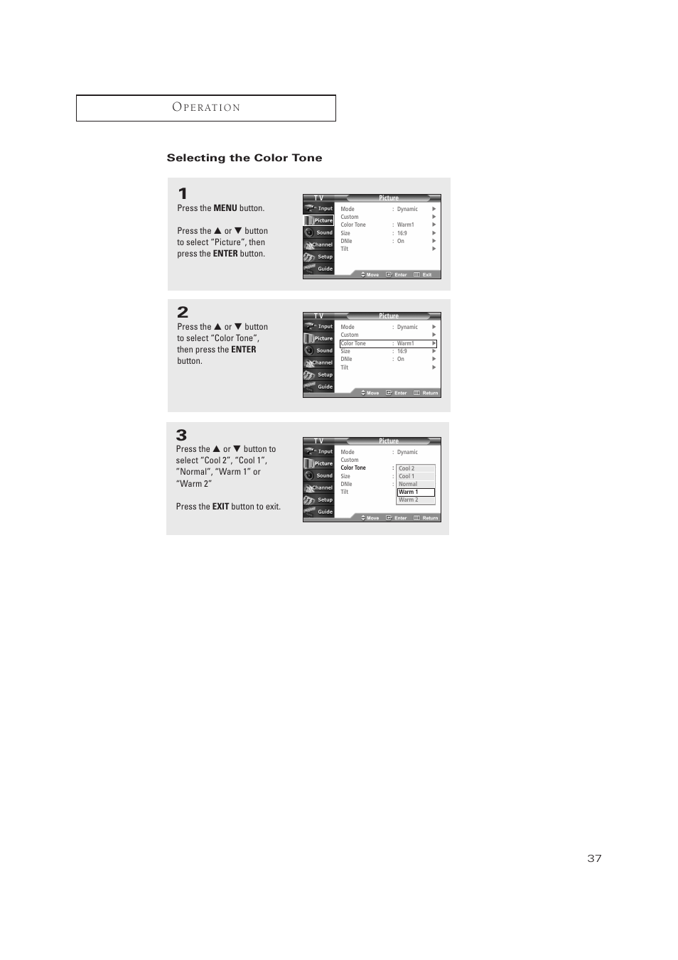 P e r at i o n, Selecting the color tone | Samsung TXP3071WHX-XAA User Manual | Page 37 / 83