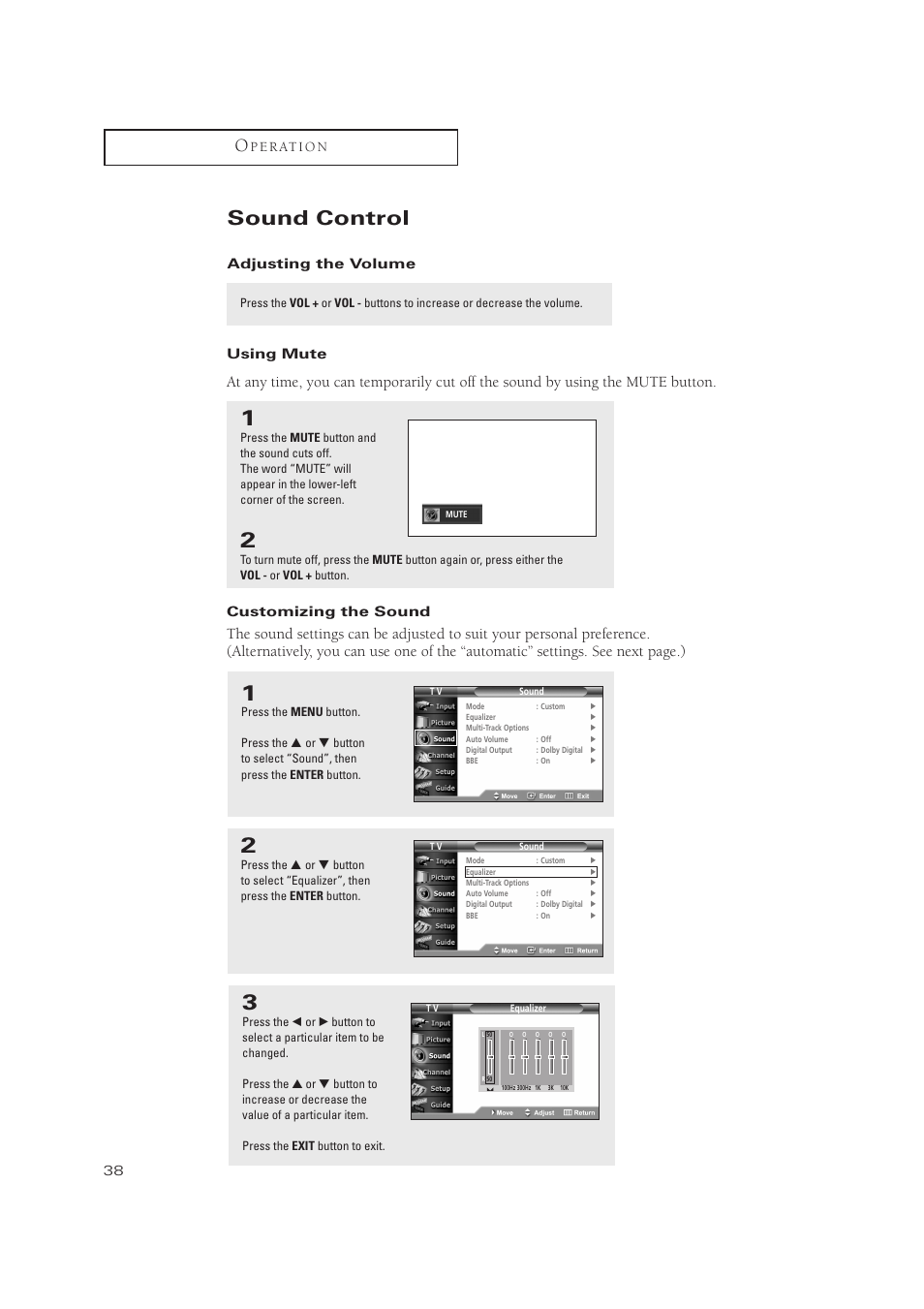 Sound control, P e r at i o n, Customizing the sound | Adjusting the volume using mute | Samsung TXP3071WHX-XAA User Manual | Page 38 / 83