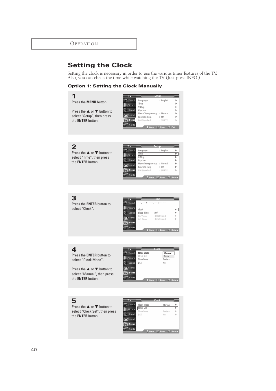 Setting the clock, P e r at i o n, Option 1: setting the clock manually | Samsung TXP3071WHX-XAA User Manual | Page 40 / 83